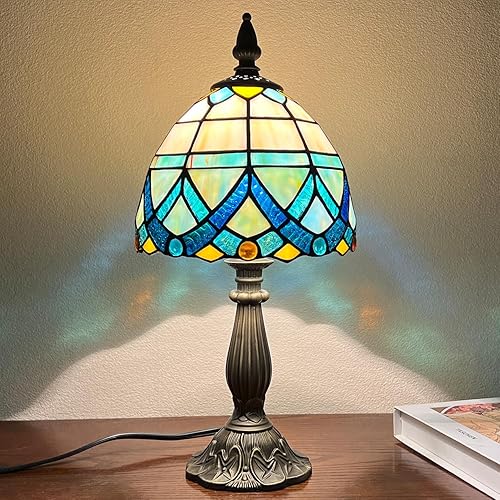 Tiffany - Lámpara de mesa, luz de mesa decorativa de cristal de color azul, estilo antiguo, lámpara de mesa de noche vintage para sala de estar y