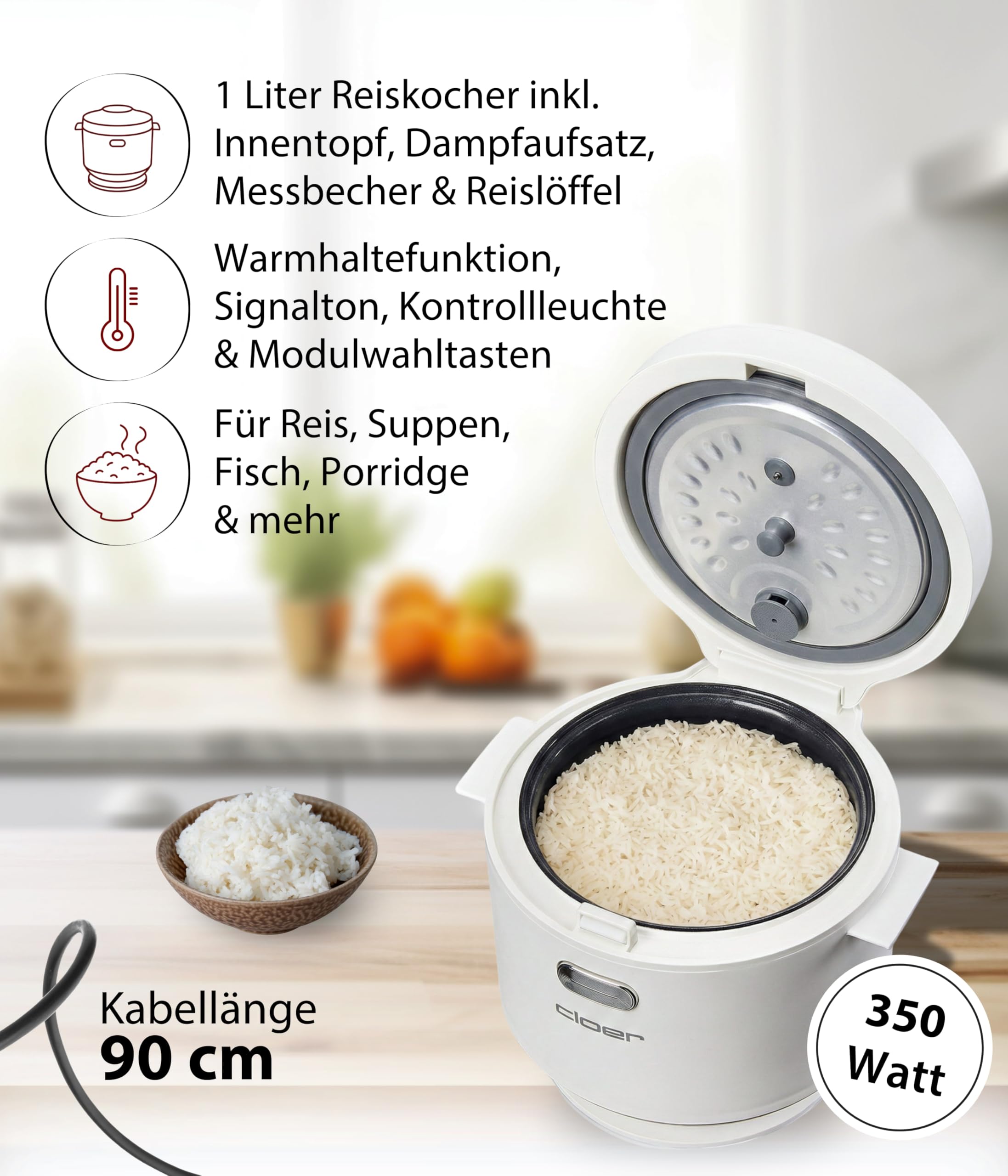 Cloer 6831 Reiskocher mit 1 l Fassungsvermögen, inkl. Dampfaufsatz & spülmaschinengeeignetem Innentopf, 7-Phasen-Technologie, Warmhaltefunktion bis 24 h, Signalton und Wasserstandsanzeige, 350 W
