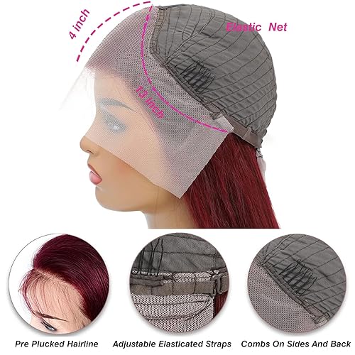 Miniatura 4 de ULRICA Pelucas de cabello humano con encaje frontal color borgoña 99J para mujeres negras, 20 pulgadas, 13x4, encaje HD, color borgoña, pelucas de