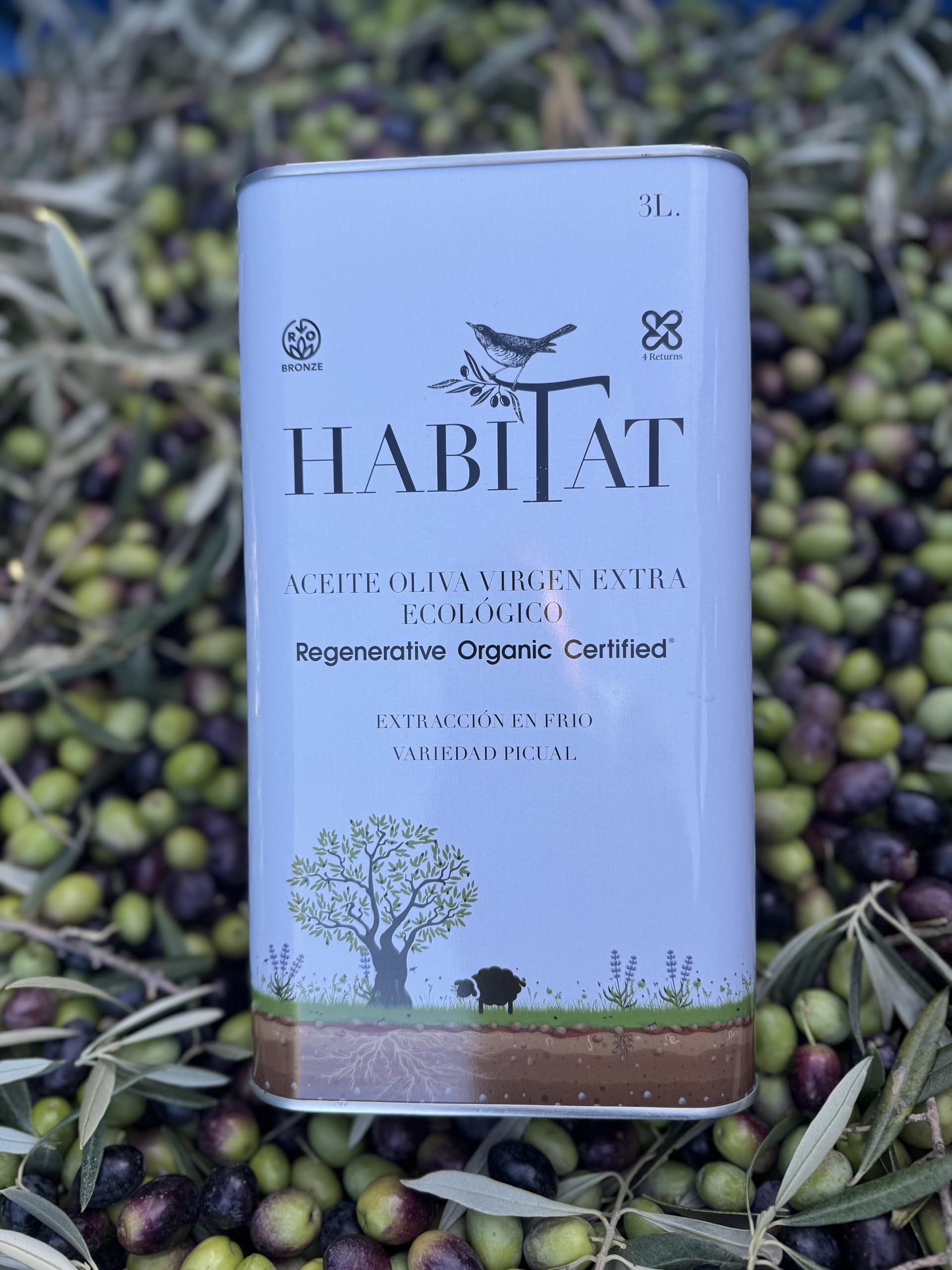 HABITAT AOVE - Aceite de Oliva Virgen Extra Regenerativo Picual en Lata 500 ml Opaca y Reciclable - Extracción en Frío, Producto de España - Ideal para Ensaladas, Tostadas y Cocina en Crudo
