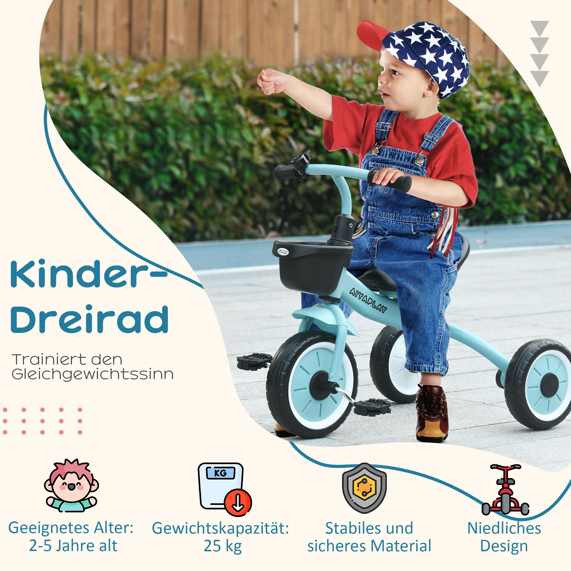AIYAPLAY Dreirad Kinderdreirad mit Verstellbarer Sitz, Fahrradkorb, Klingel, Pedalen Kleinkind Dreirad für 2-5-Jahre Blau