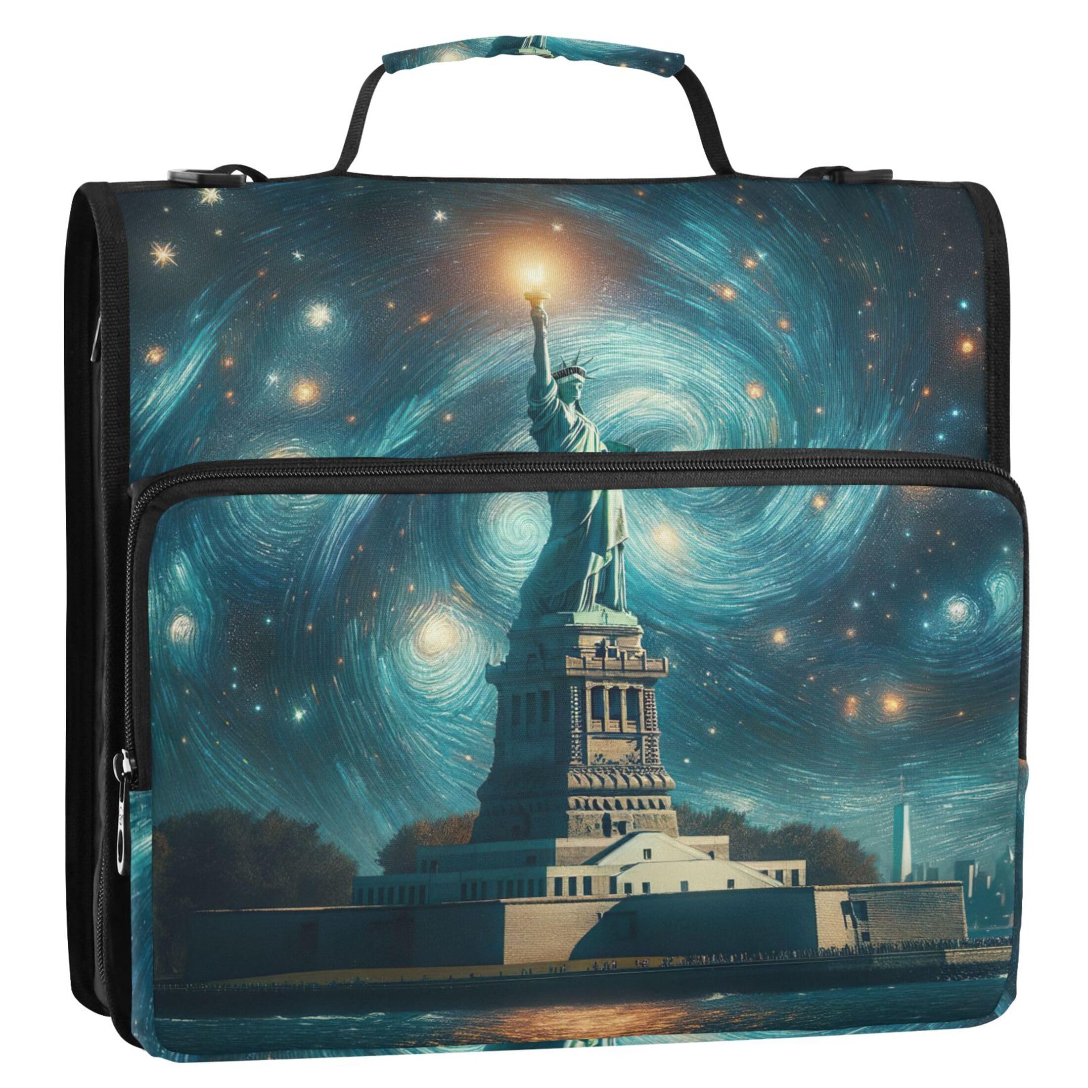 Fabric Zip up Binder Organizer 1 1/2 Inch 3 Ring Binders D Ring Liberty Starry Night USA Portfolio Hold 500 Sheets Holder Binders with Strap Middle School Bag