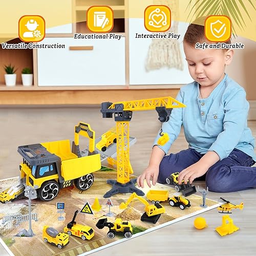 Miniatura 2 de CORPER TOYS Juego de juguetes de camiones de construcción para niños con mapa de reproducción, señal de tráfico, grúa y 9 vehículos de ingeniería