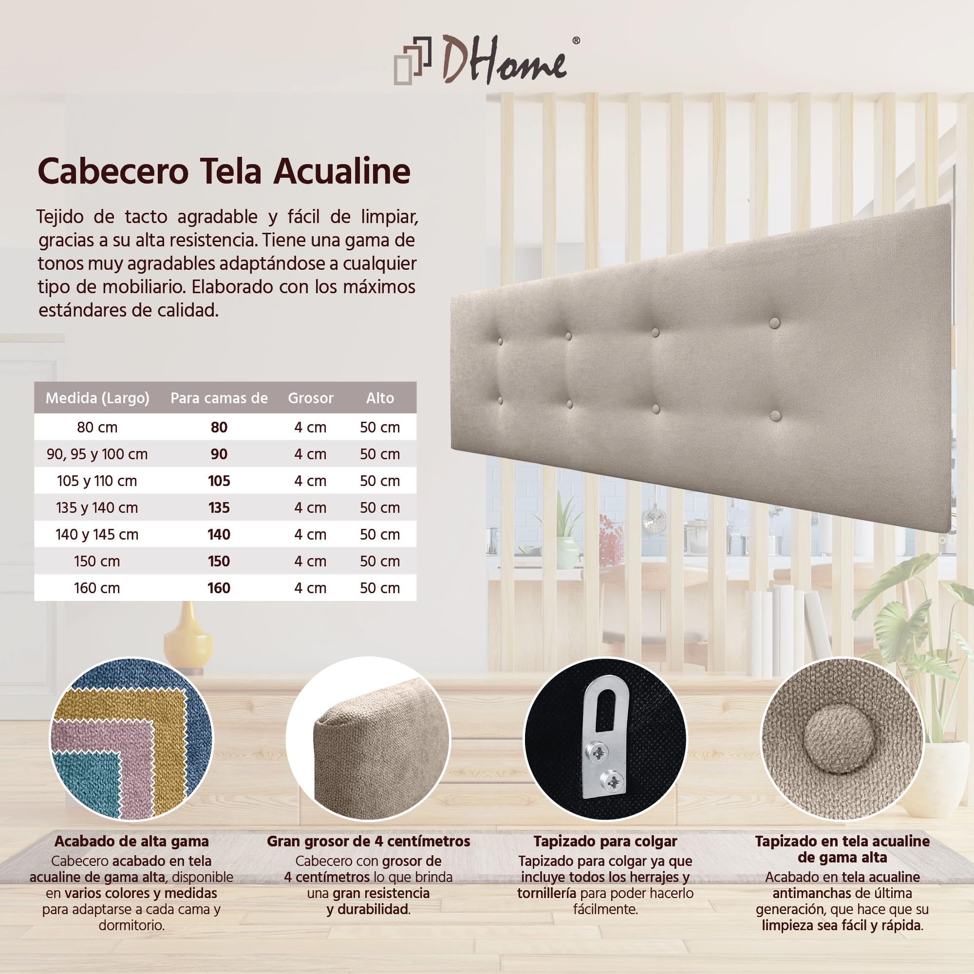 DHOME Cabecero de Polipiel o Tela AQUALINE Pro con 2 hileras de Botones Cabezal tapizado Cama Lujo (Tela Beige, 135x50cm (Camas 120/135/140))