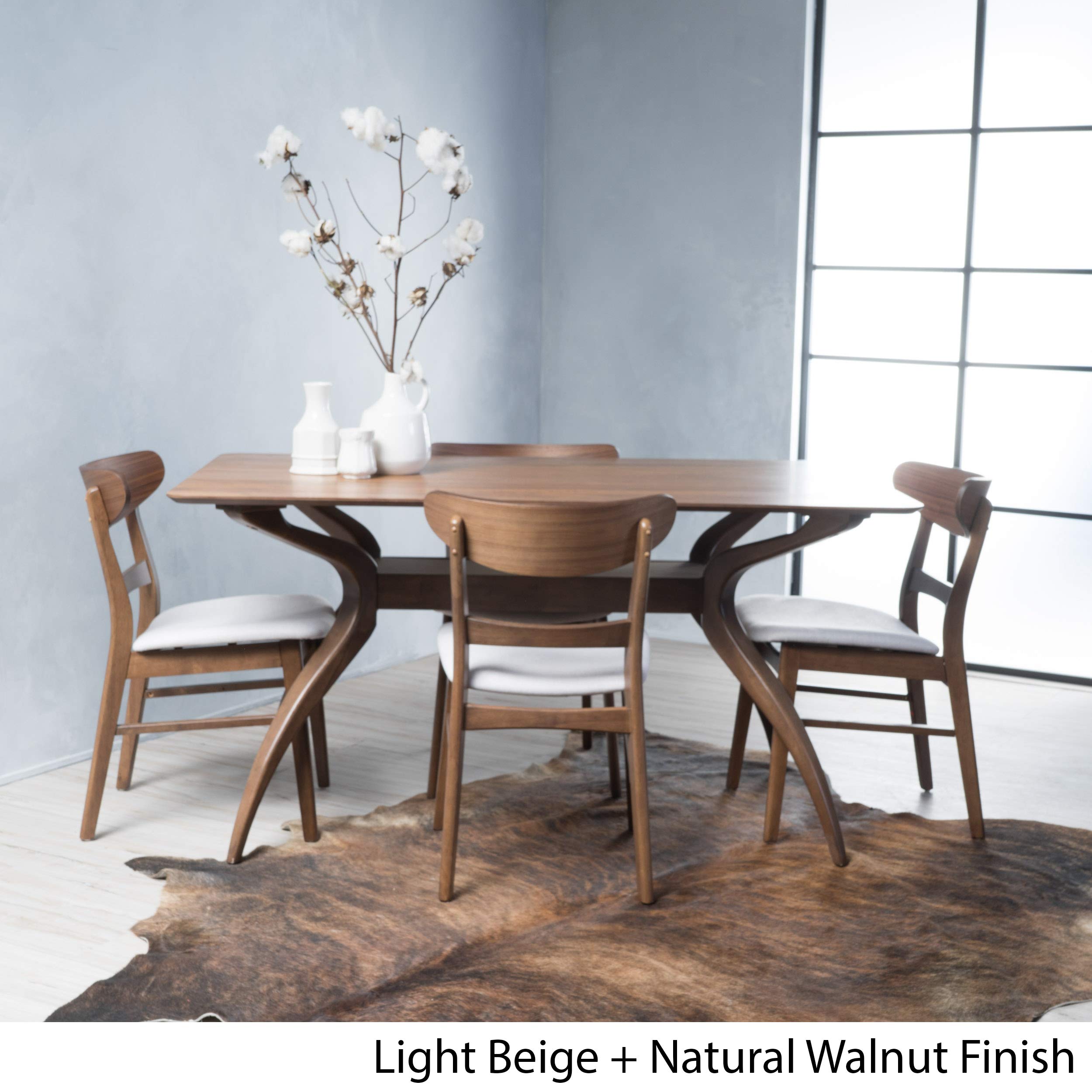 Christopher Knight Home Idalia Curved Leg Rectangular Dining Set, 5-Pcs Set, Natural Walnut / Light Beige