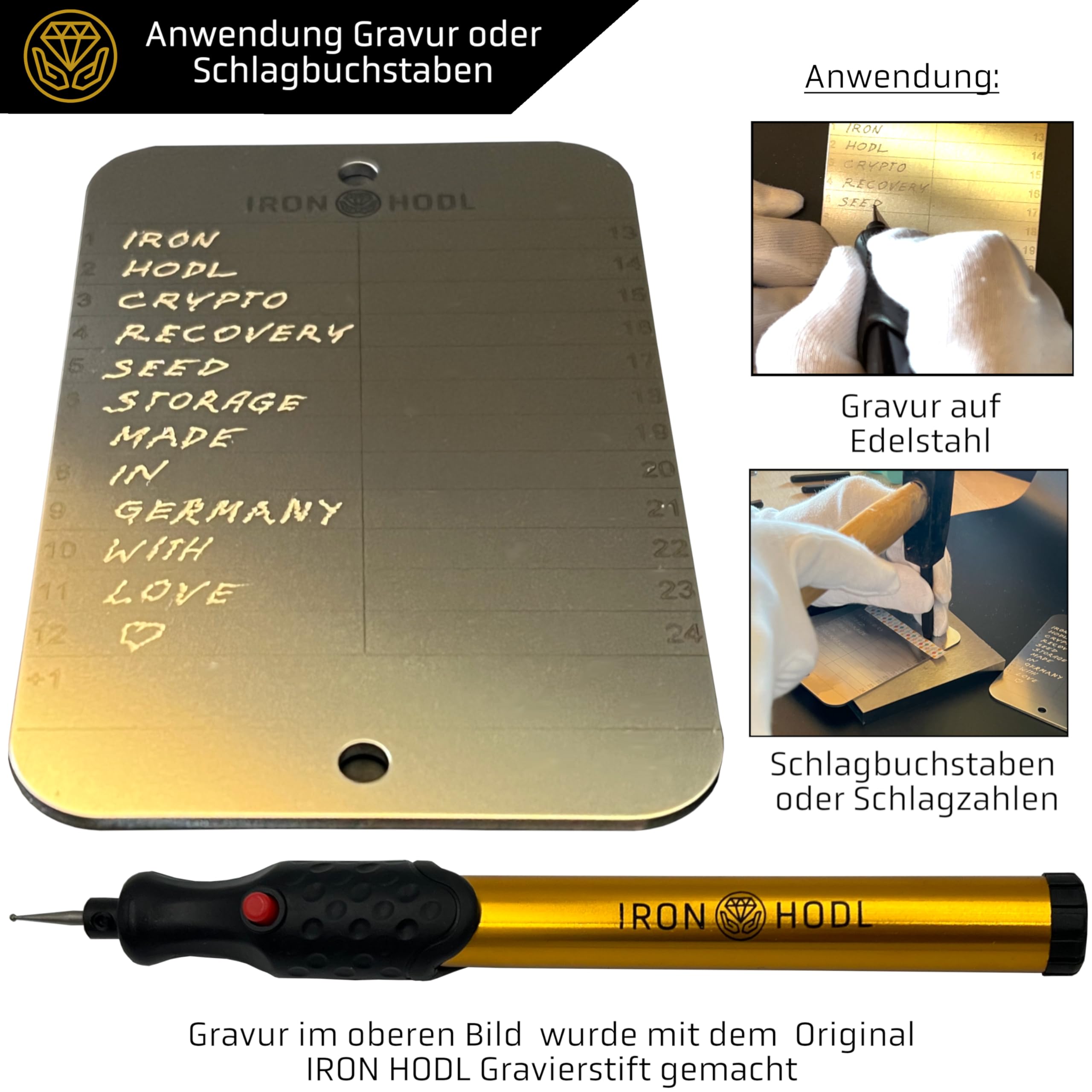 Portafoglio in acciaio + penna per incisione dorata + piastra di prova, viti, adesivi, scatola – (2 x 24 + 1) Recovery Seed Phrase metallo Crypto Wallet Bitcoin Wallet Crypto Cold Wallet
