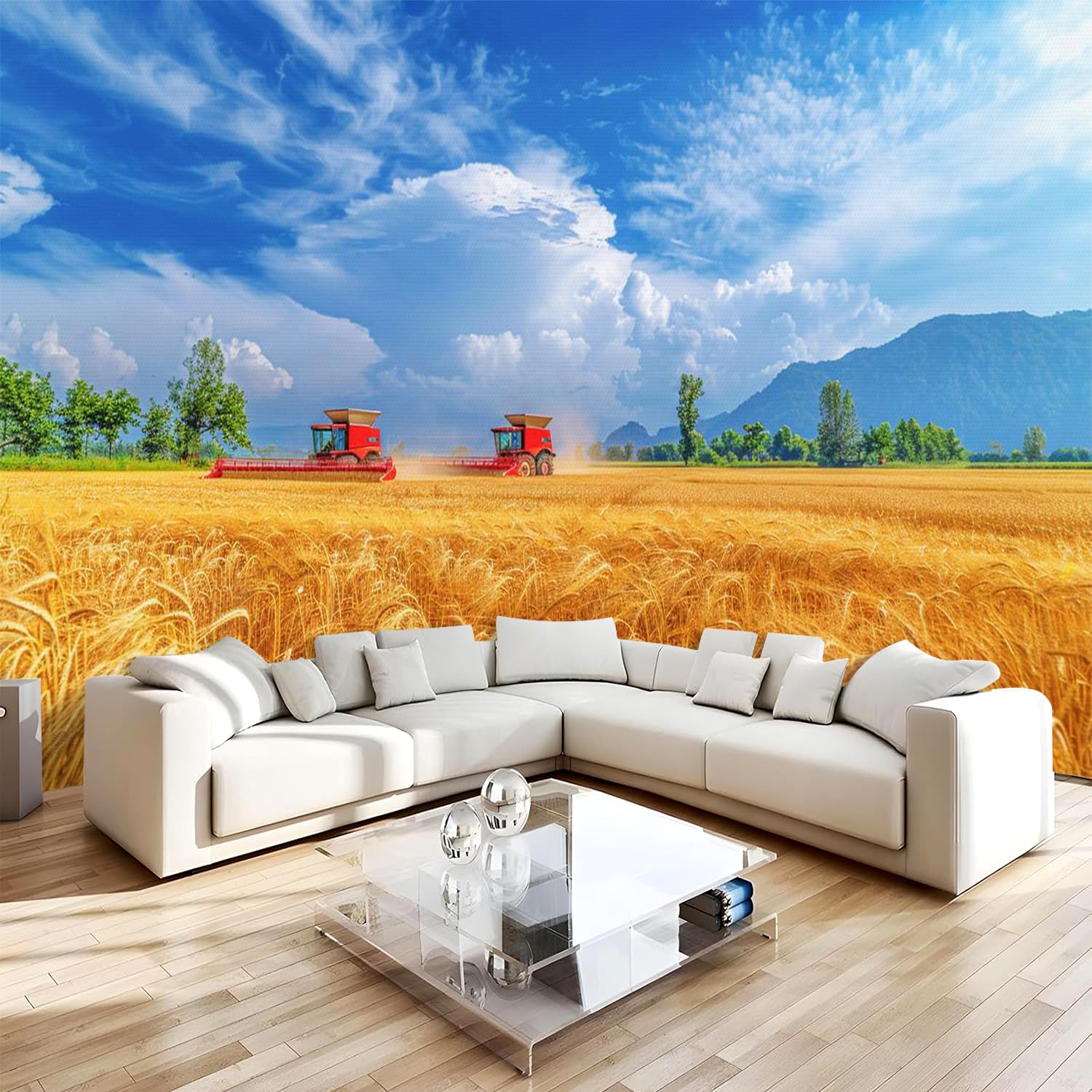 Générique Papier Peint Panoramique 3D 400x280 cm Tracteur Non-tissé Murale Maison Décoration Intérieure Champs De Blé Paysage pour Chambre Salon Mur TV Artistique Poster Décoration Murale 1M725