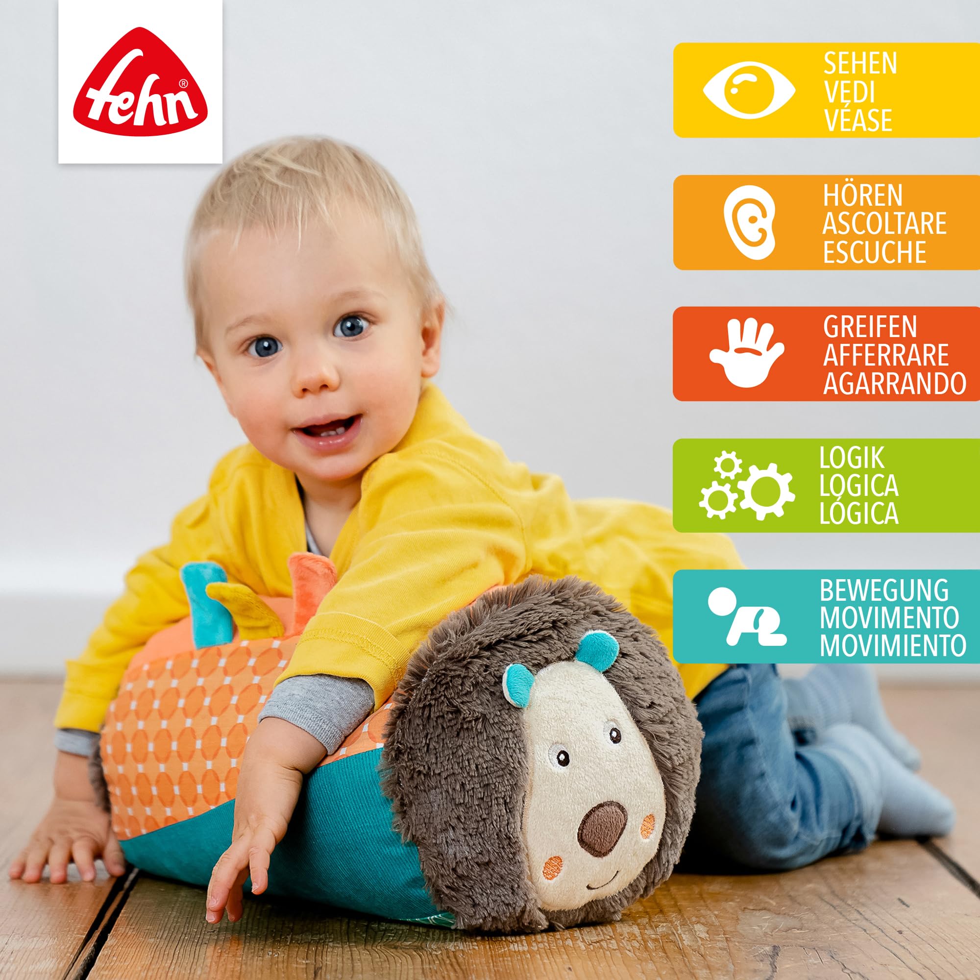Fehn 066326 Leone, rullo per gattonare, supporto per gattonare accompagnati dal simpatico leone, per neonati e bambini dai 6 mesi in su, dimensioni: 22 x 34 cm