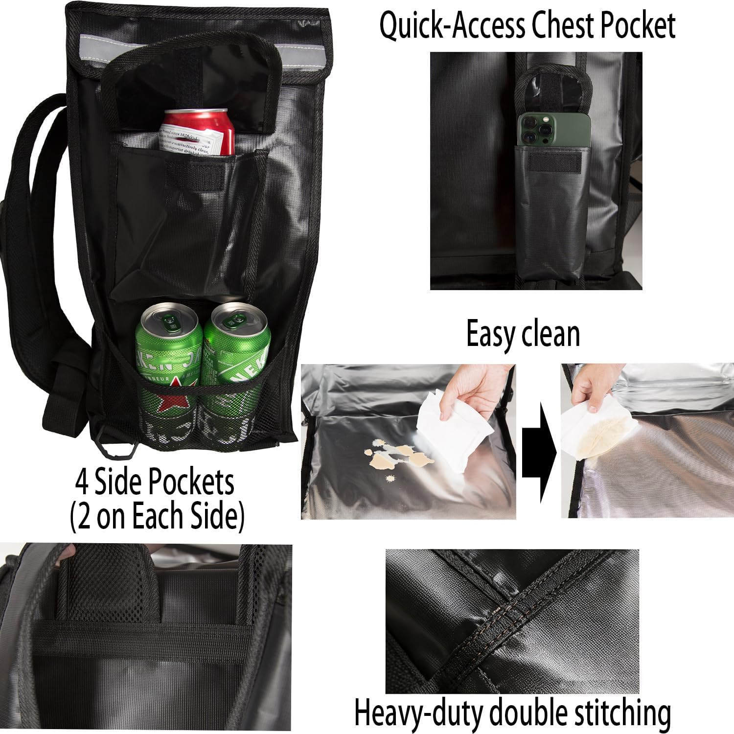 Insulated Food Delivery Backpack with 3 Inner Spaces & 4 Pockets & Reflective Strip, Large Capacity, Leakproof, 4 Cup Holders, Fit 10” Pizza, Optimized for Hot/Cold Food, Bike Delivery, Outdoor & More