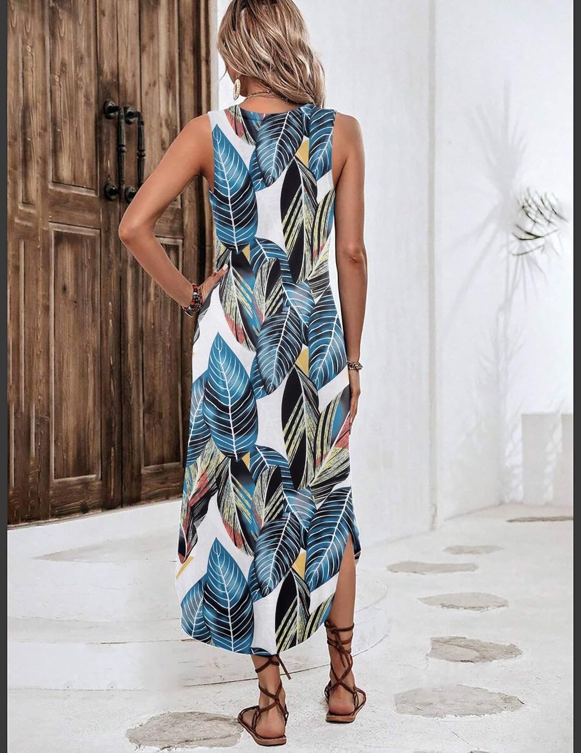 Zeagoo Women Floral Summer Casual Beach Printed Tank Dress with Pockets Pleated Front Long Dress - Image 2