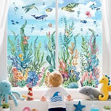 wondever Summer Under The Sea Seaweed Window Clings Ocean Grass Coral Turtle Fish Glass Sticker Decal Anti Collision Double-Side Static Window Stickers for Home Glass