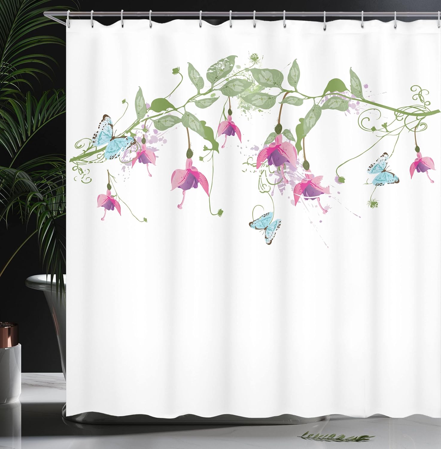 Ambesonne Flower Shower Curtain, Creeping Bellflower and Butterflies on Branch with Leaves Floral Garden Plant Print, Cloth Fabric Bathroom Decor Set with Hooks, 69" W x 75" L, White Green