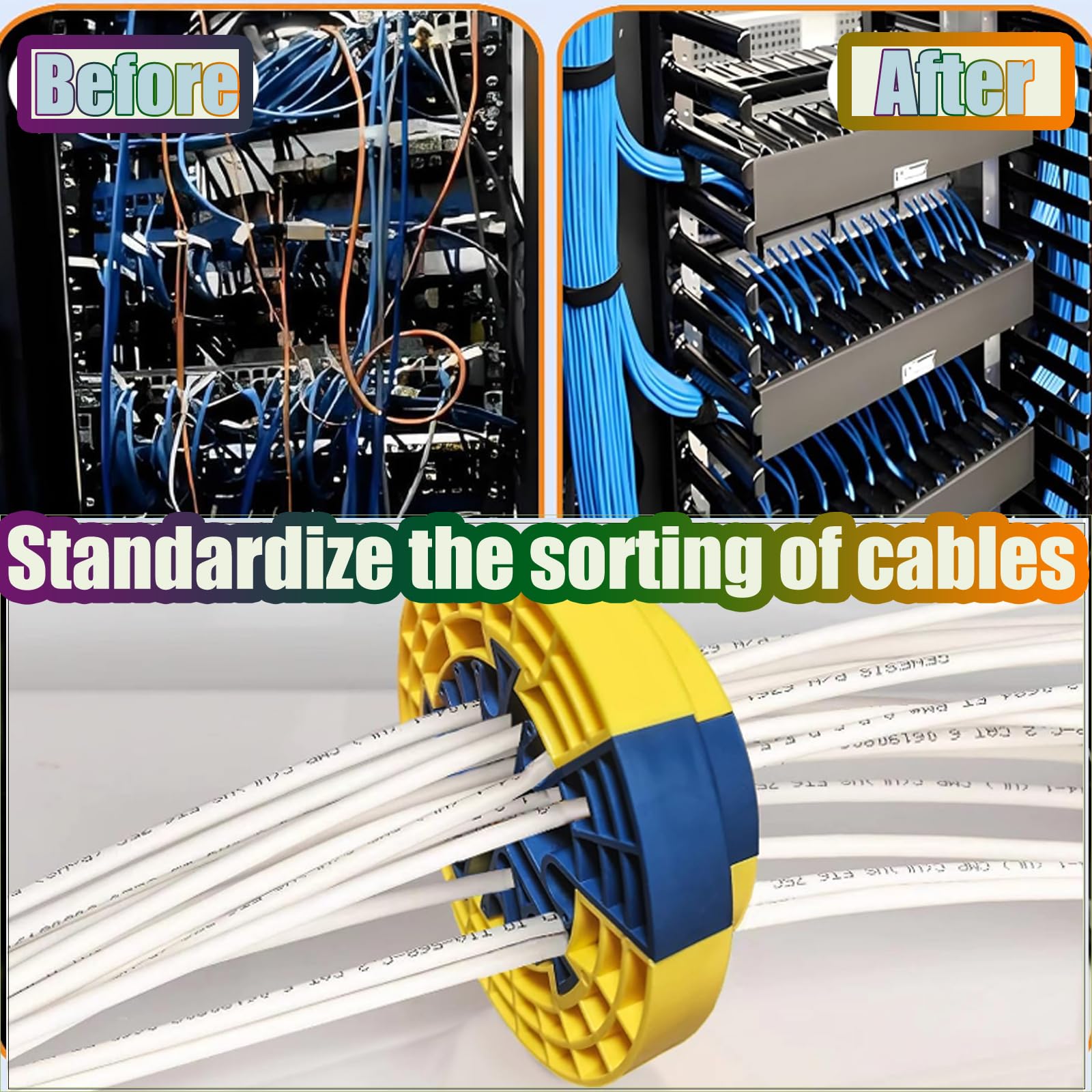 Peine de cables, peine de alambre, herramientas de gestión de cables de red, herramientas de red para clasificar cables, (amarillo, azul y amarillo azul), 2 herramientas de organización de cables y