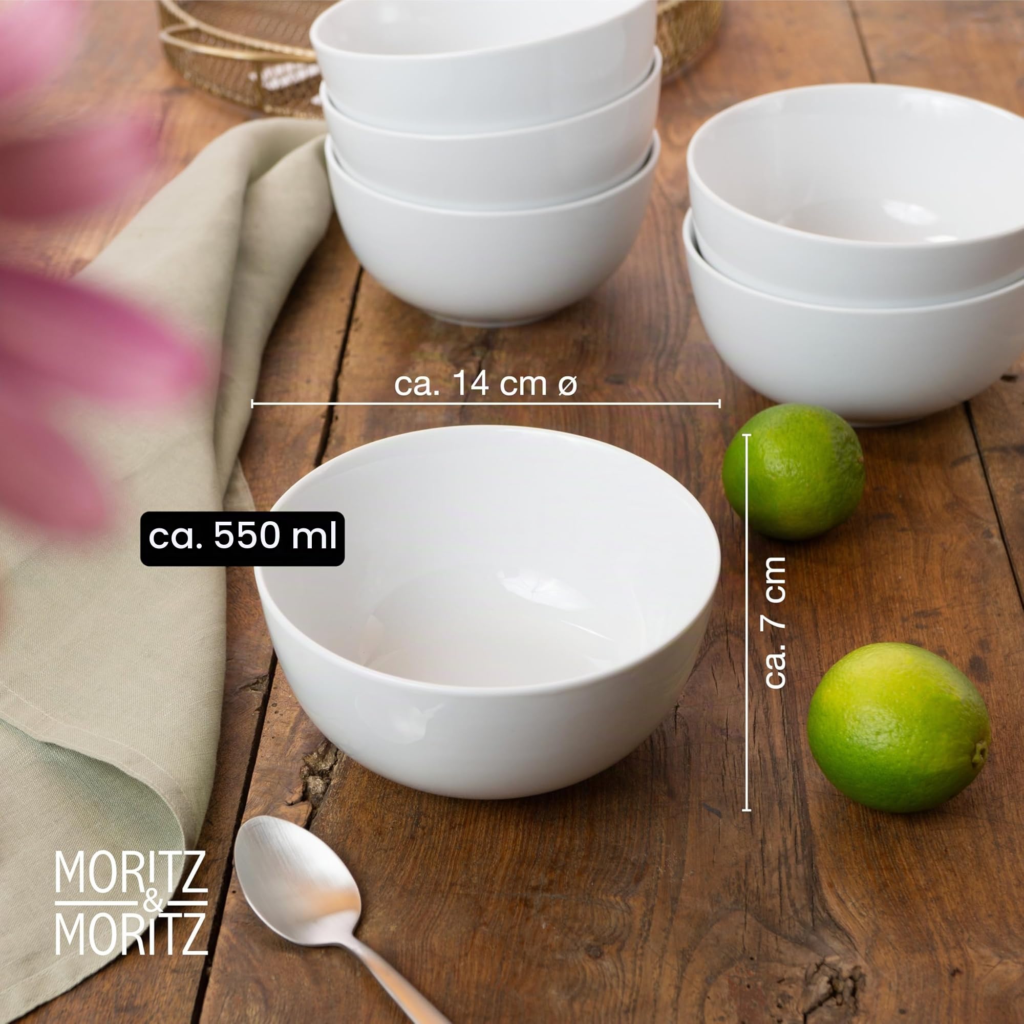 Moritz & Moritz BASIC set di ciotole in porcellana 6 pezzi - ciotole per cereali bianche Ø 14 x 7 cm, capacità circa 500 ml - bianco classico - ciotola per zuppe, insalate, dessert, muesli