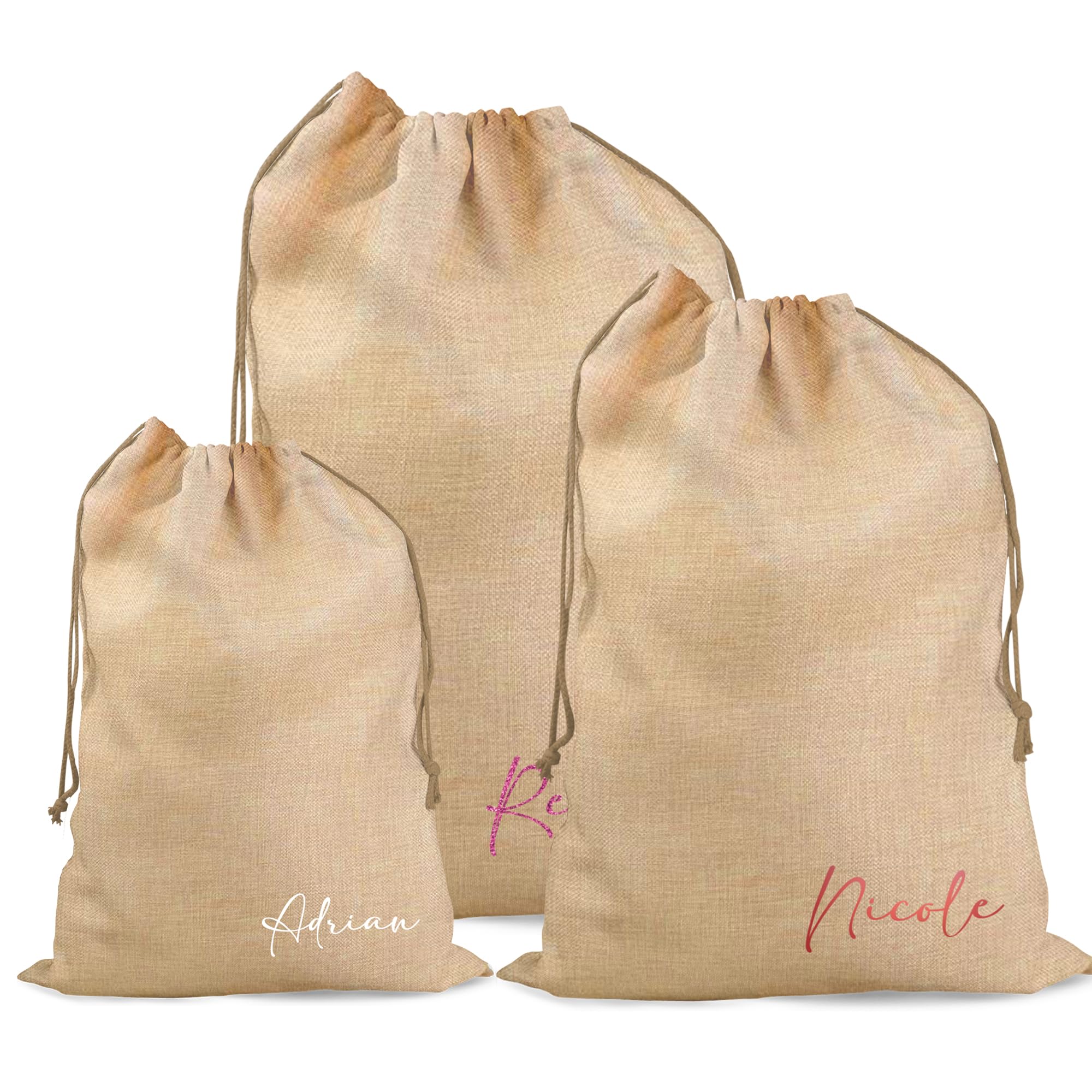 Print Maniacs Brown Jute Personalised Santa Sacks With Stockings, Customised Santa Sacks With Names, Custom Stocking Santa Sacks, Customise Santa Sack, Personalised Christmas Cotton Stocking Gifts For Kid, Baby, Pet, Family