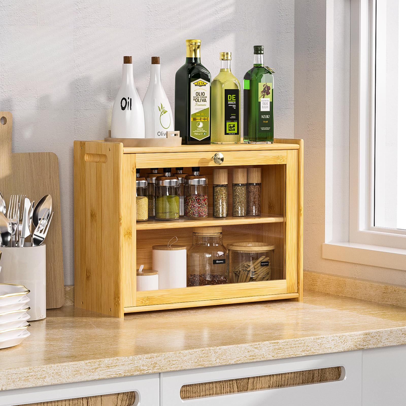 Panera de bambú con ventilación, 2 estantes y ventana grande, de madera, para pan, apto para alimentos, fácil de limpiar, 40 x 31 x 17,5 cm