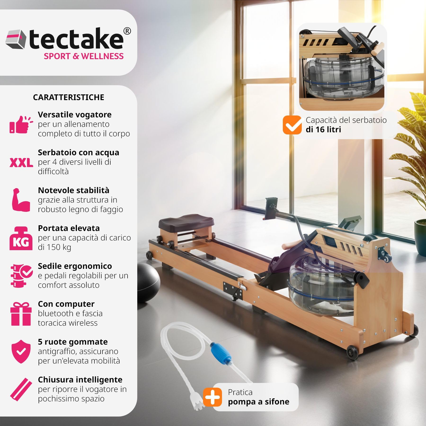 tectake® Vogatore in Legno per Allenamento a Casa, Vogatore Salvaspazio per Palestra in Casa, Sedile Ergonomico, con Serbatoio d'Acqua, Display Integrato, Carico Massimo 150 kg - Nero/Marrone