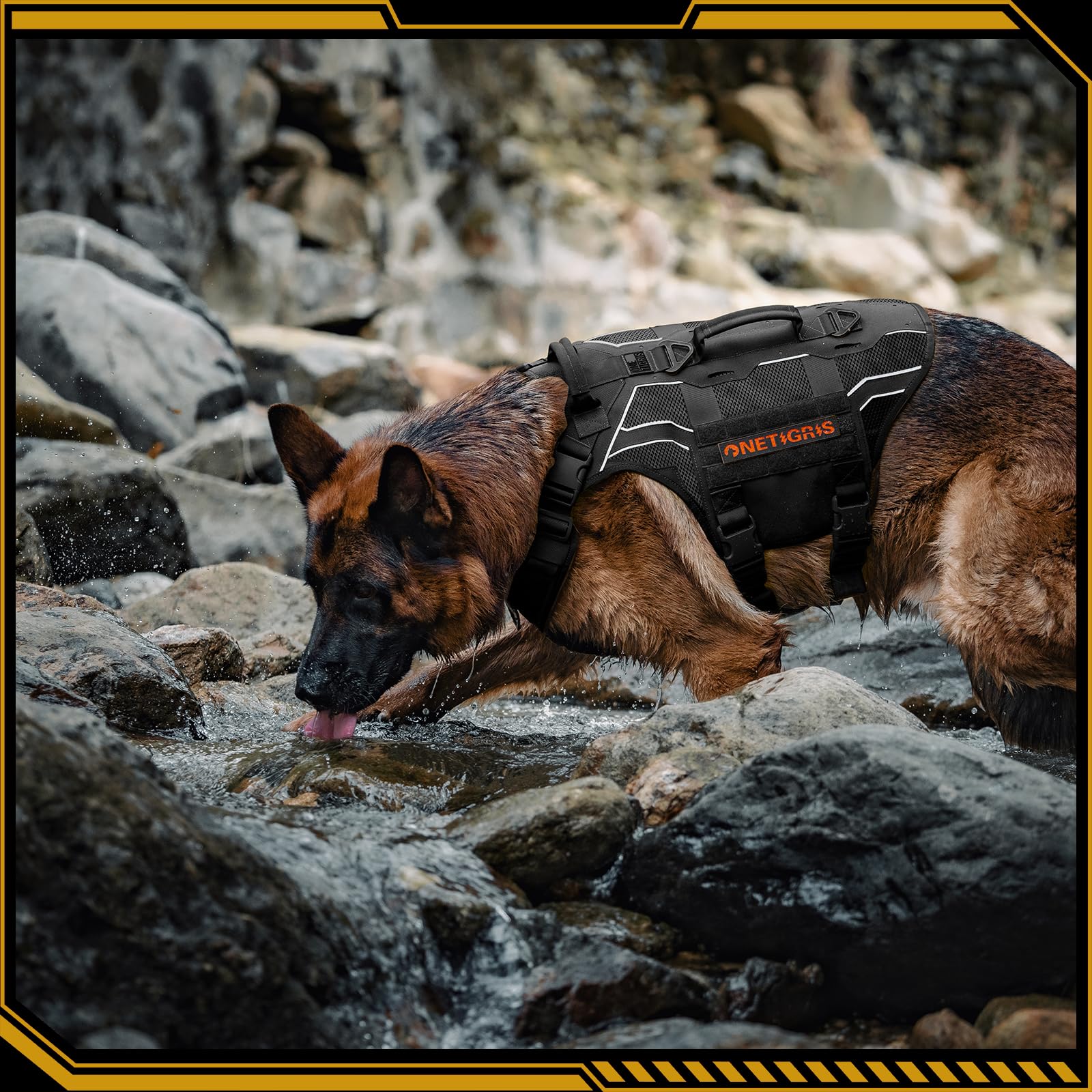 OneTigris Arnés Pecho Antitirones Perros, Aire Armor Mesh Arnés Perro Reflectante Ajustable, Táctica Arnes Perro Grande Mediano, con 2 Asas y 3 Anillos, con Sistema Molle - Negro L