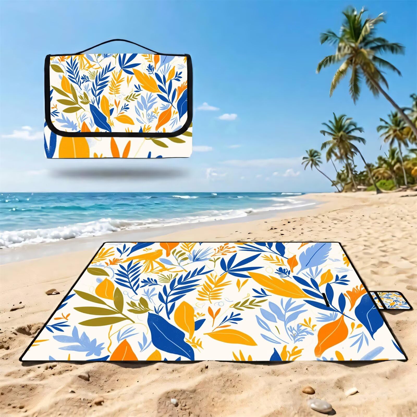 Couverture de Pique-Nique Grande 200x300cm,Outdoor Couverture Imperméable,Pliable Tapis de Plage Dos en PVC Anti-Sable,Picnic Blanket pour Camping Accessoires,Jardin,Parc,Famille - Blanc,orange UZ-184