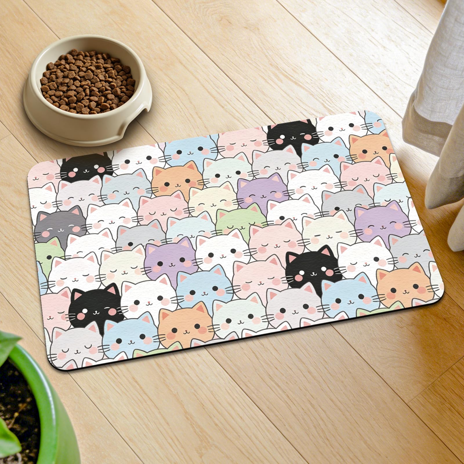 GLOBLELAND Cute Cats Pet Food Mat for Floors 11.8×20 inch Dogs Food Mats Absorbent Dog Bowl Mat Quick Dry Dog Cat Pet Placemats Pets Supplies for Water Dispenser
