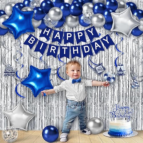 Miniatura 7 de Decoraciones de cumpleaños azul marino y plateado para hombres, decoraciones de cumpleaños para niños que contienen pancarta de feliz cumpleaños,