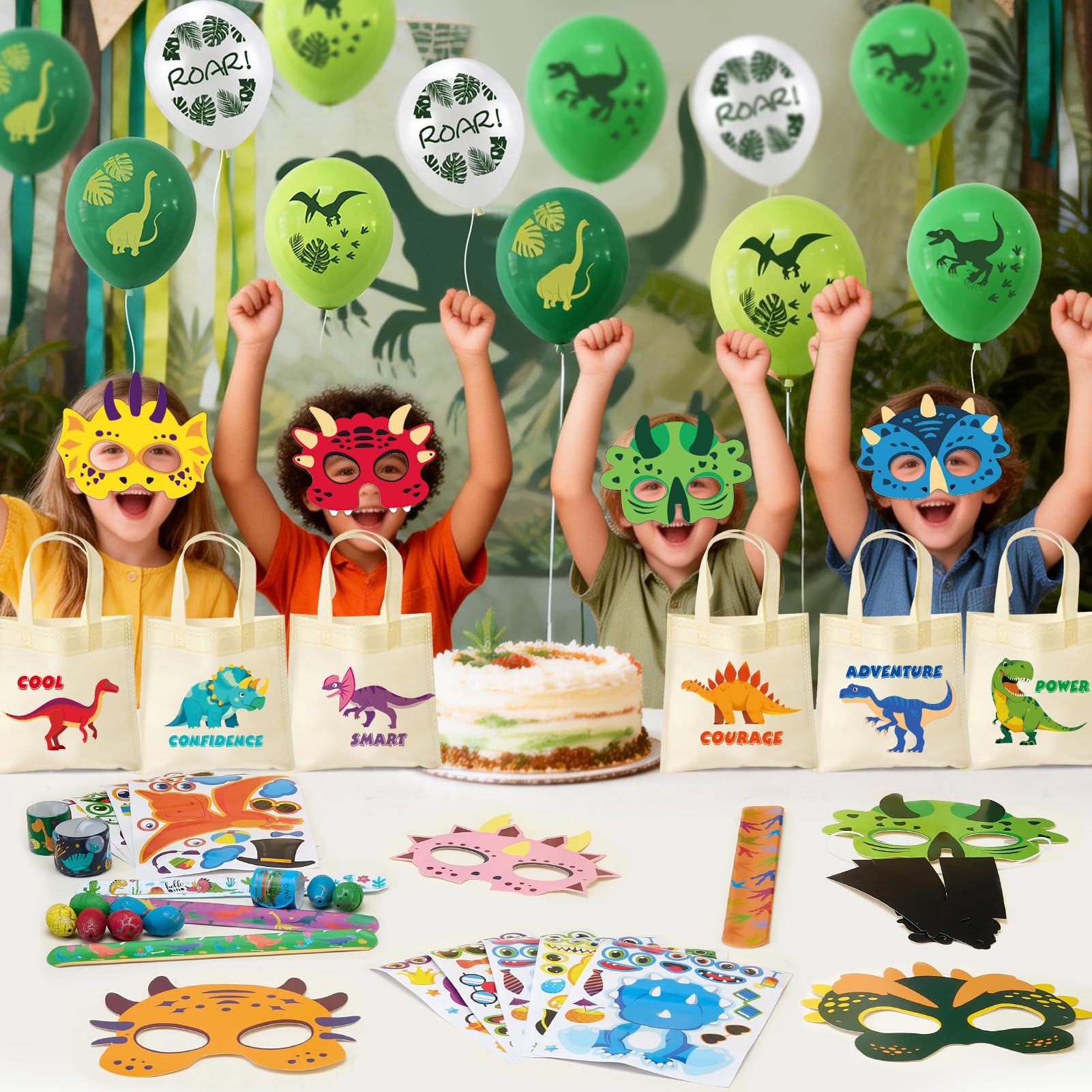 Cleboen 108Pcs Gadget Dinosauri Compleanno Ragazzo Dinosauri Uovo Maschera Borse di Tela Palloncino Segnalibro DIY Etichetta Sacchetti Compleanno Regalini Fine Festa Compleanno Dinosauri Bambini