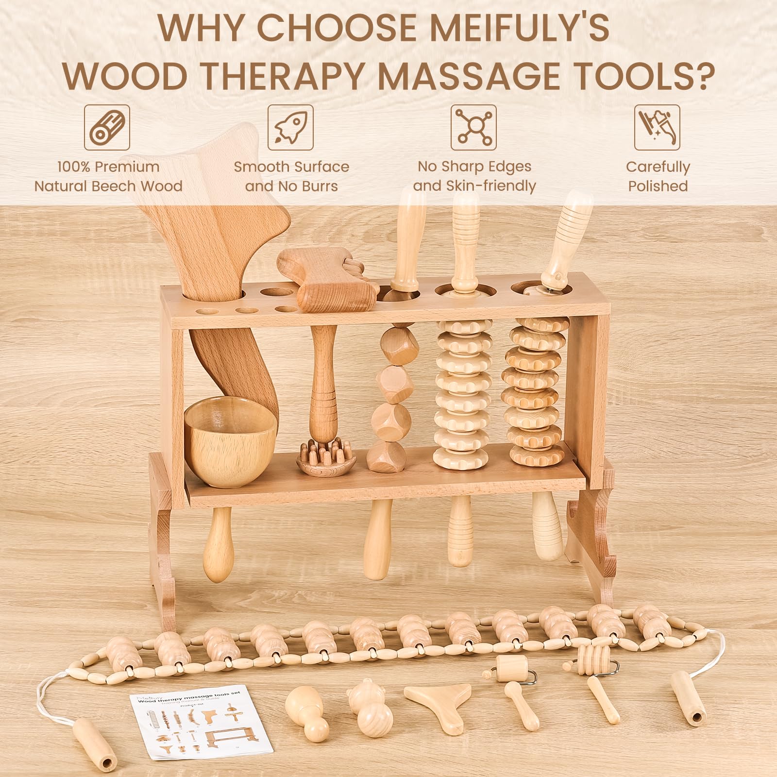 Meifuly 13 en 1 herramientas de masaje de terapia de madera con estante de almacenamiento de lujo, kit completo de masaje de madera para moldear el cuerpo, drenaje linfático, alivio del dolor