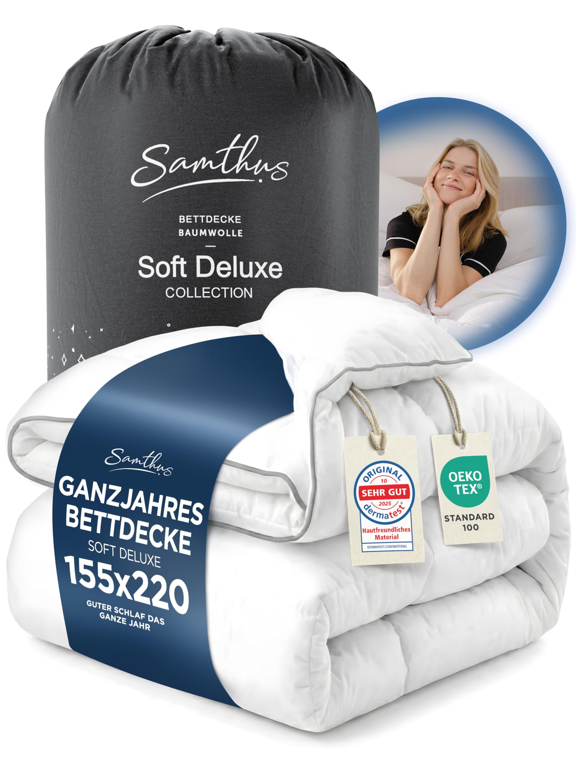 Samthus Premium Bettdecke 155x220cm - Oeko-Tex und Dermatest zertifizierte Ganzjahresdecke - kuschelige Schlafdecke Zudecke mit Aussenhülle aus 100% Baumwolle - weiche Steppdecke - Blanket Duvet