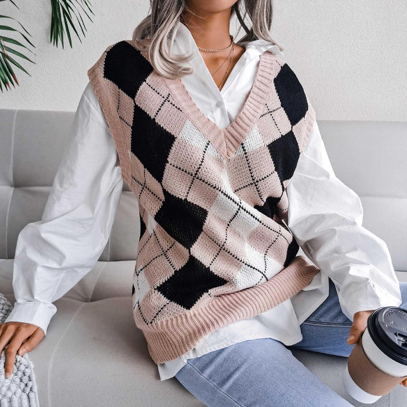 Adretter Stil Pullunder Damen Ärmellose Strickweste Argyle Karo Strickpullover Casual Vintage Preppy Stil Strickpulli Karierte Sweater Winterweste Loose Fit Strickwaren Tank Top
