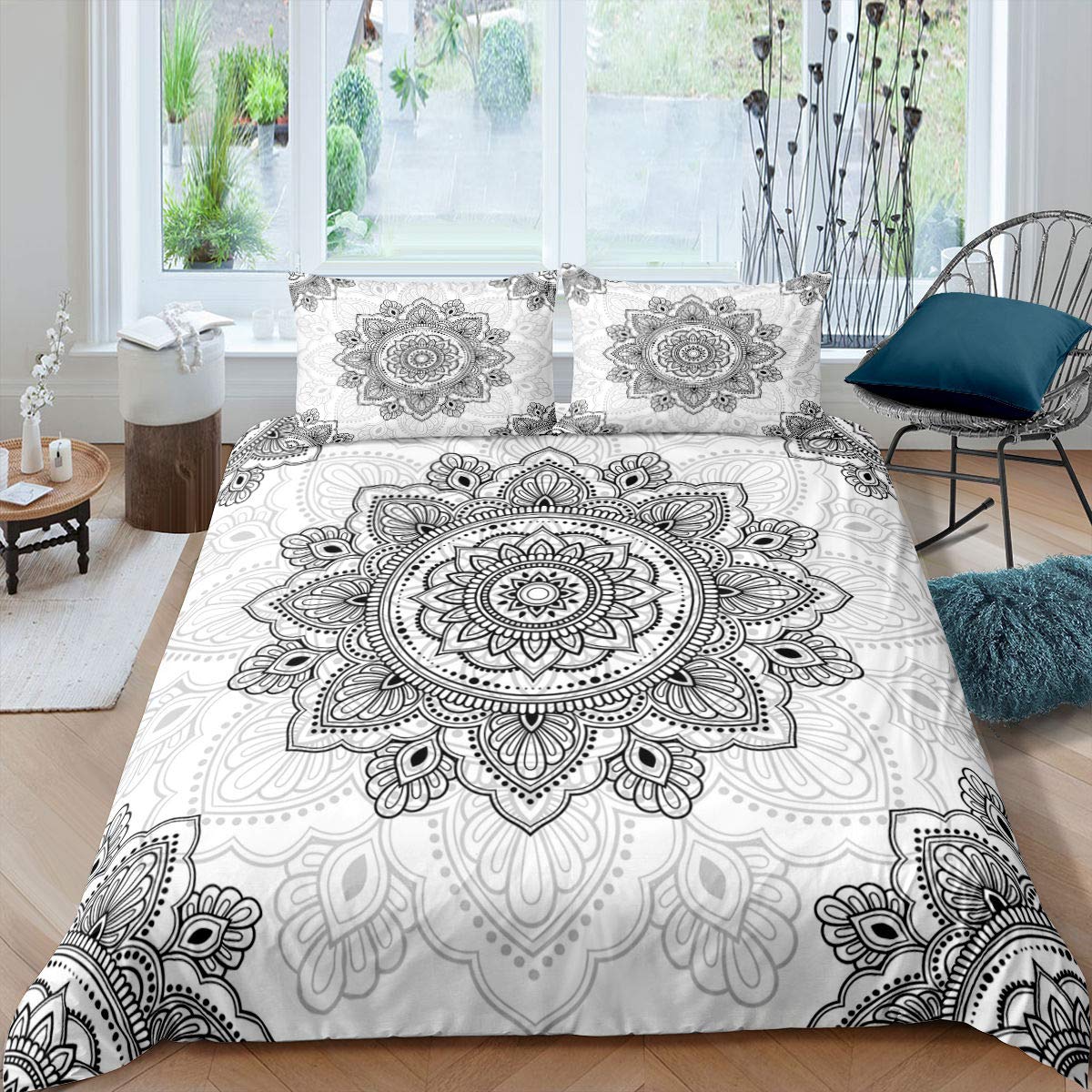Man Ala Bedding Set Bohemian Comforter Cover Ethnic Indian Duvet Cover Set For Kids Boys Girls Exotic Tribal Sketch Boho Bedspread Cover With 2 Pillow Cases Super King Size White Black — image 1