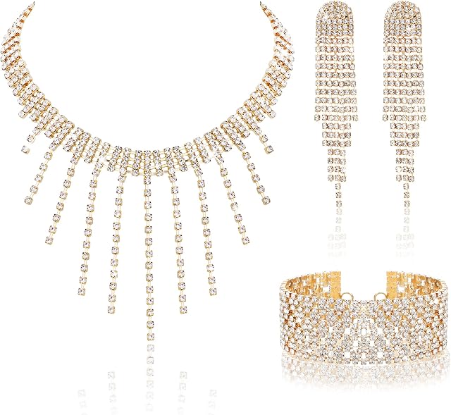 Kakonia Crystal Jewellery Set Rhinestone Choker Necklace Stretch Bangle Bracelet Rhinestone Tassel Dangle Earrings Party Costume Jewellery for Women Bridal Jewellery Set for Wedding Prom