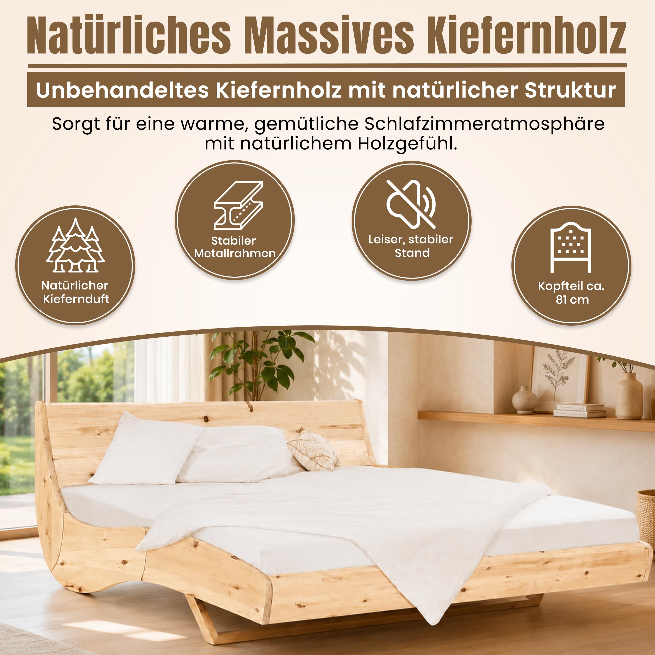 Geborgenschlafen FLESSA Massivholzbett 180 x 200 cm | Schwebebett aus unbehandeltem Zirbenholz mit verborgenem Rahmen | höhenverstellbar 31–39,5 cm | holzbett inkl. GS-Start Lattenrost