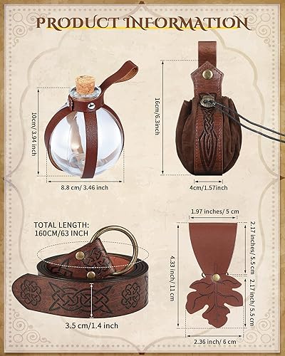 Vista 59 de Sweetude Cinturón renacentista medieval vikingo poción botellas de cuero cinturón bolsa falda senderismo 6 piezas