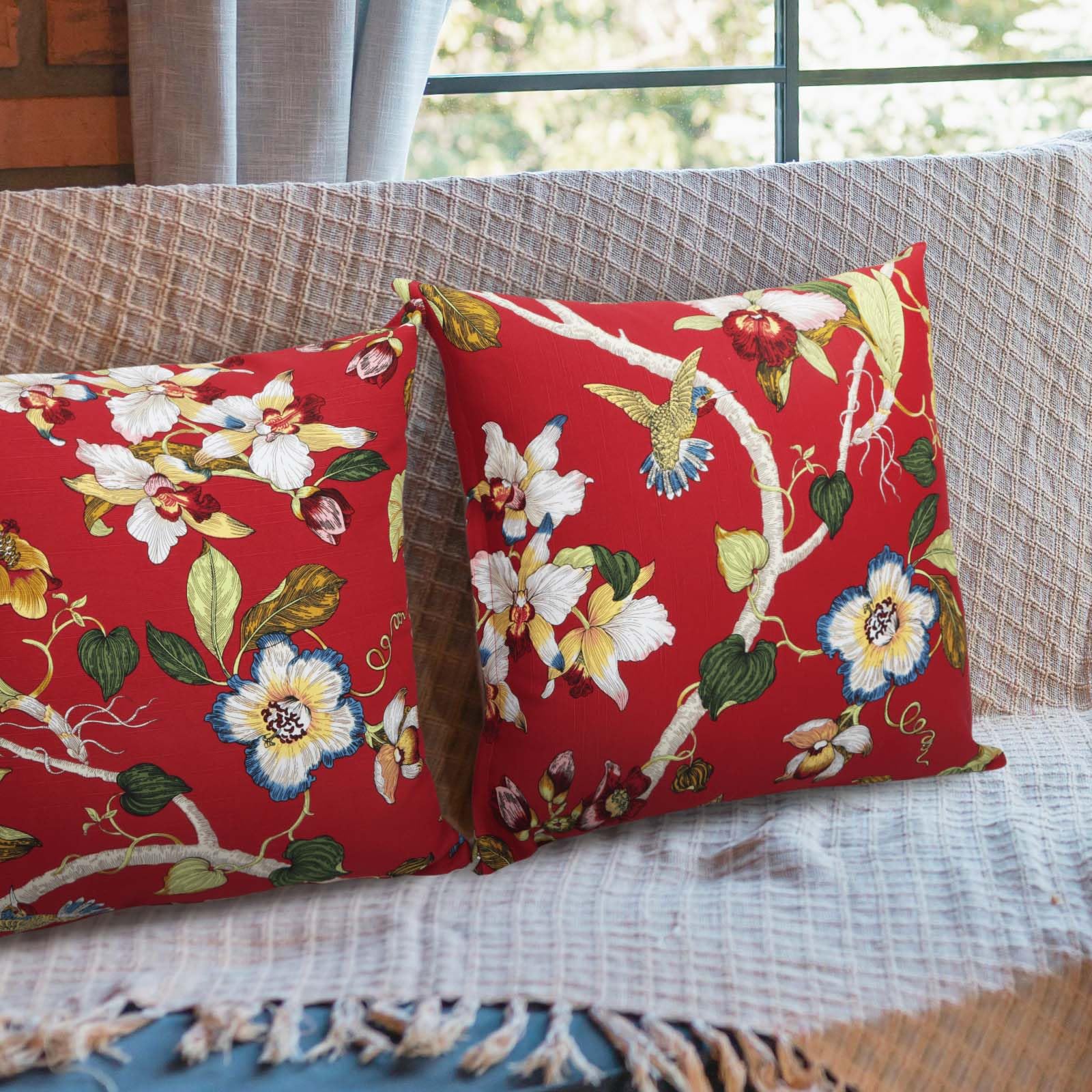 Betadistor Cotton Cushion Cover Throw Pillow Case Shell for Bench Sofa Home Luxury Big Flowers with Red Pillow Case Both Sides