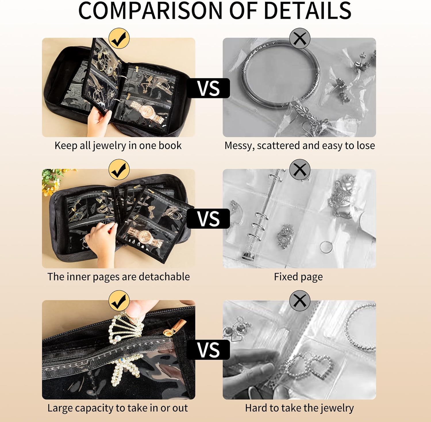Travel Jewelry Organizer Case with Multiple Clear Zipper Pockets - Ring Binder Style Storage Bag for Necklaces, Earrings, Rings, Bracelets, Ideal for Gifts & Travel(black)
