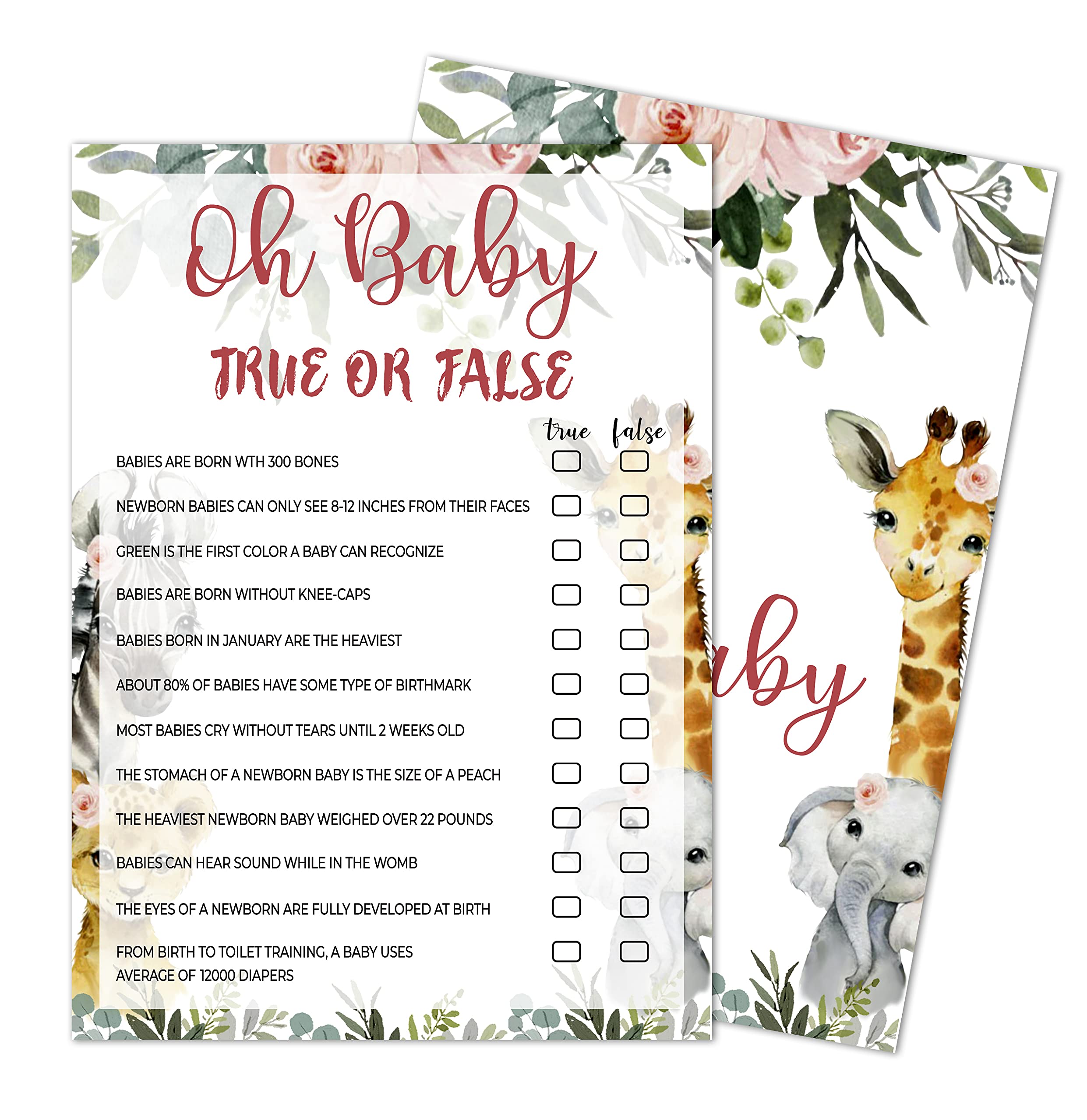 True Or False Baby Shower Game, Gender Reveal Party Supplies, Jungle Animals Safari Floral Green Party Decorations,– 30 Game Cards 1 Answer Card. (bb002-yx03)