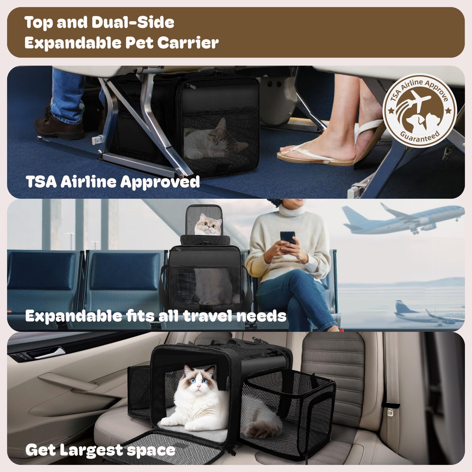 Sac de transport extensible sur le dessus et sur les 2 côtés pour petits chiens, sac de transport souple avec fermetures éclair autobloquantes pour chaton, lapin, chiot, cochon d'Inde, 43,2 x 27,9 x