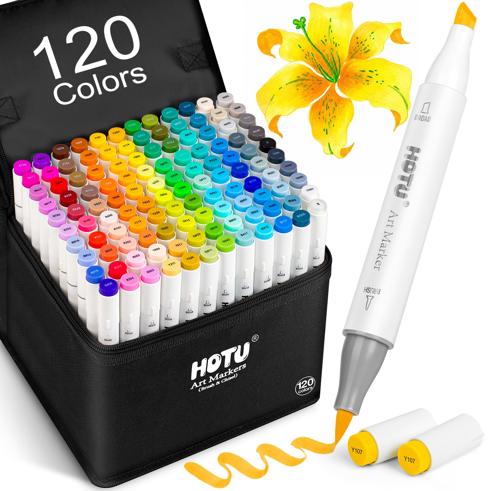 HOTU Alcohol Markers 120 Colors Brush& Chisel Dual Tips for Adults Coloring | 96 Colors+2…