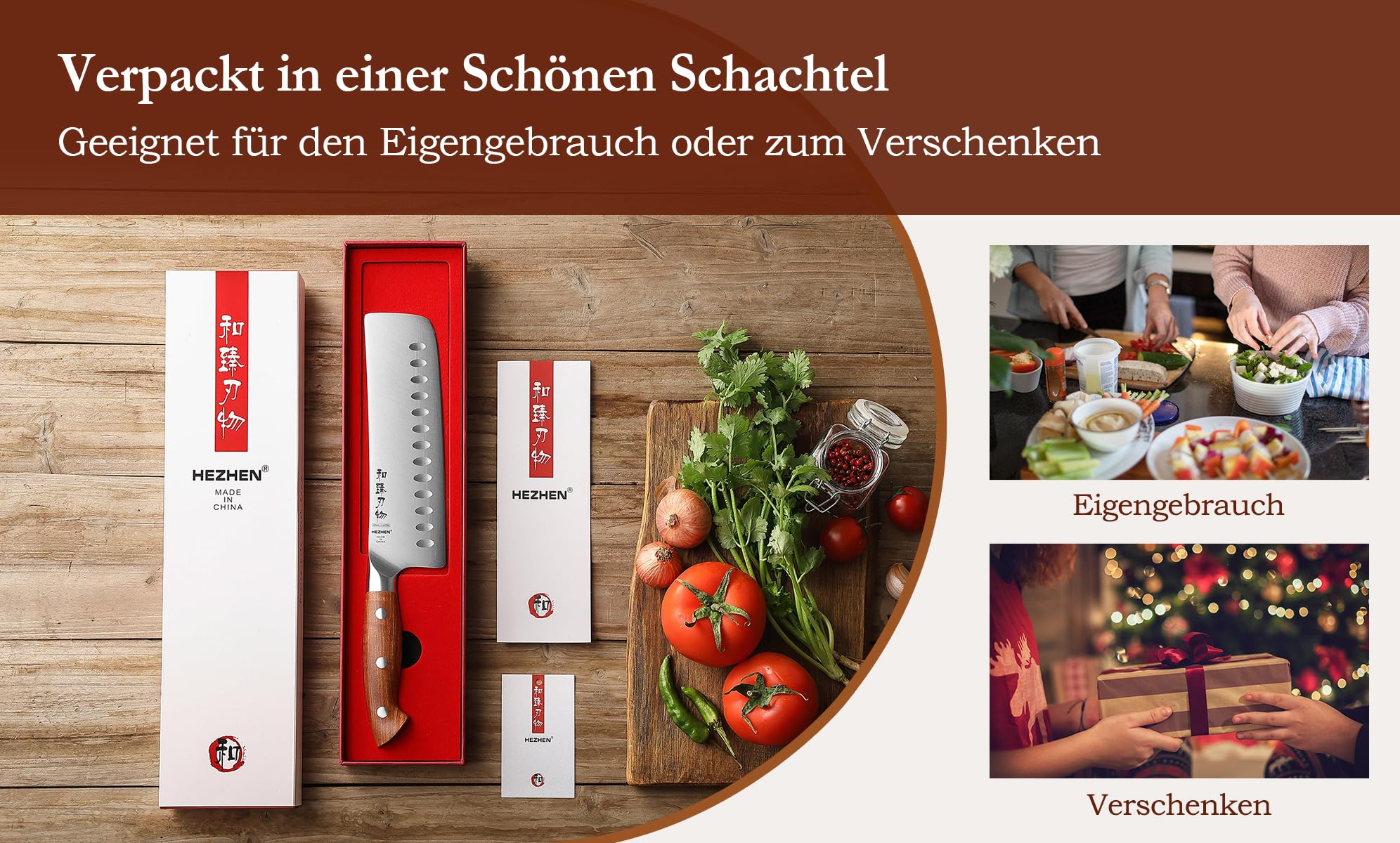 HEZHEN Rostfreier Stahl Nakiri Messer, Japanischer Stil Hackbeil Messer, Hartstahl Mehrzweckmesser Asiatisches Kochmesser Zum Schneiden von Fleisch und Gemüse，Griff aus Redwood