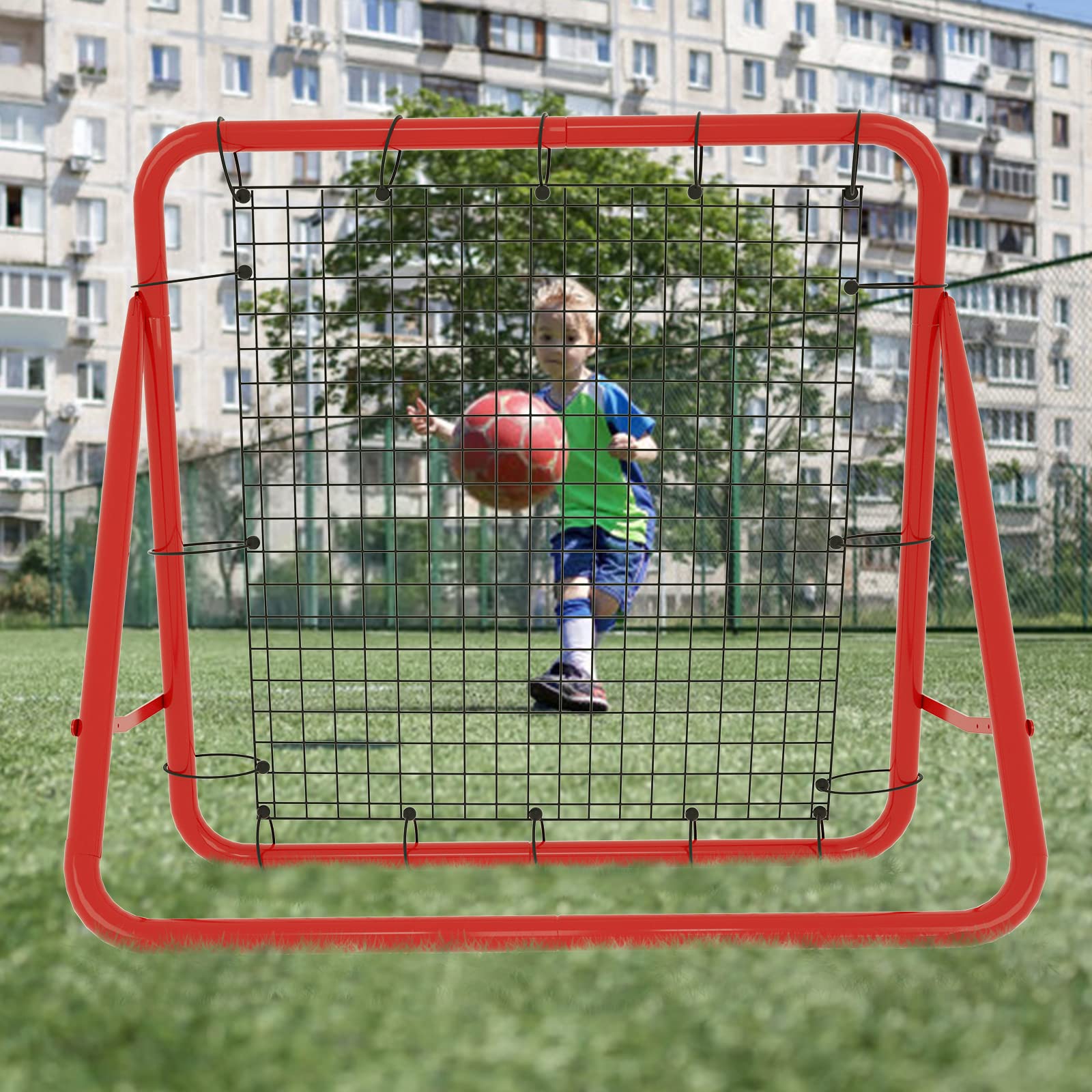 XMTECH Filet de rebond de but de football - Pour exercices, tir de football, baseball, basket-ball réglable - Rouge - 100 x 100 x 65 cm