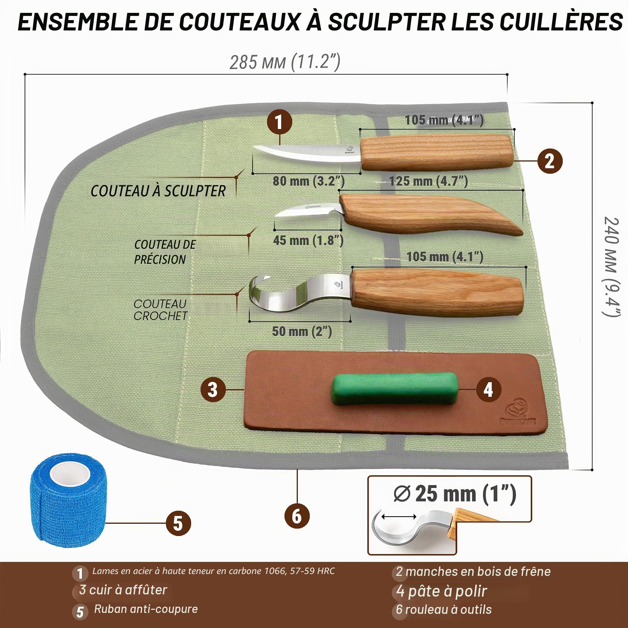 BeaverCraft S13L ensemble d'outils de sculpture sur bois pour cuillère à sculpter le cuir et le composé de polissage couteaux à découper pour gaucher