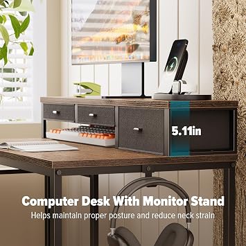 WOHOMO 120cm Computer Desk with 3 Drawers, Printer Shelf and Monitor Stand | Walnut Wooden Brown Home Office Desk with Reversible Storage Shelves and 2 Hooks, Workstation for PC Study Writing Gaming