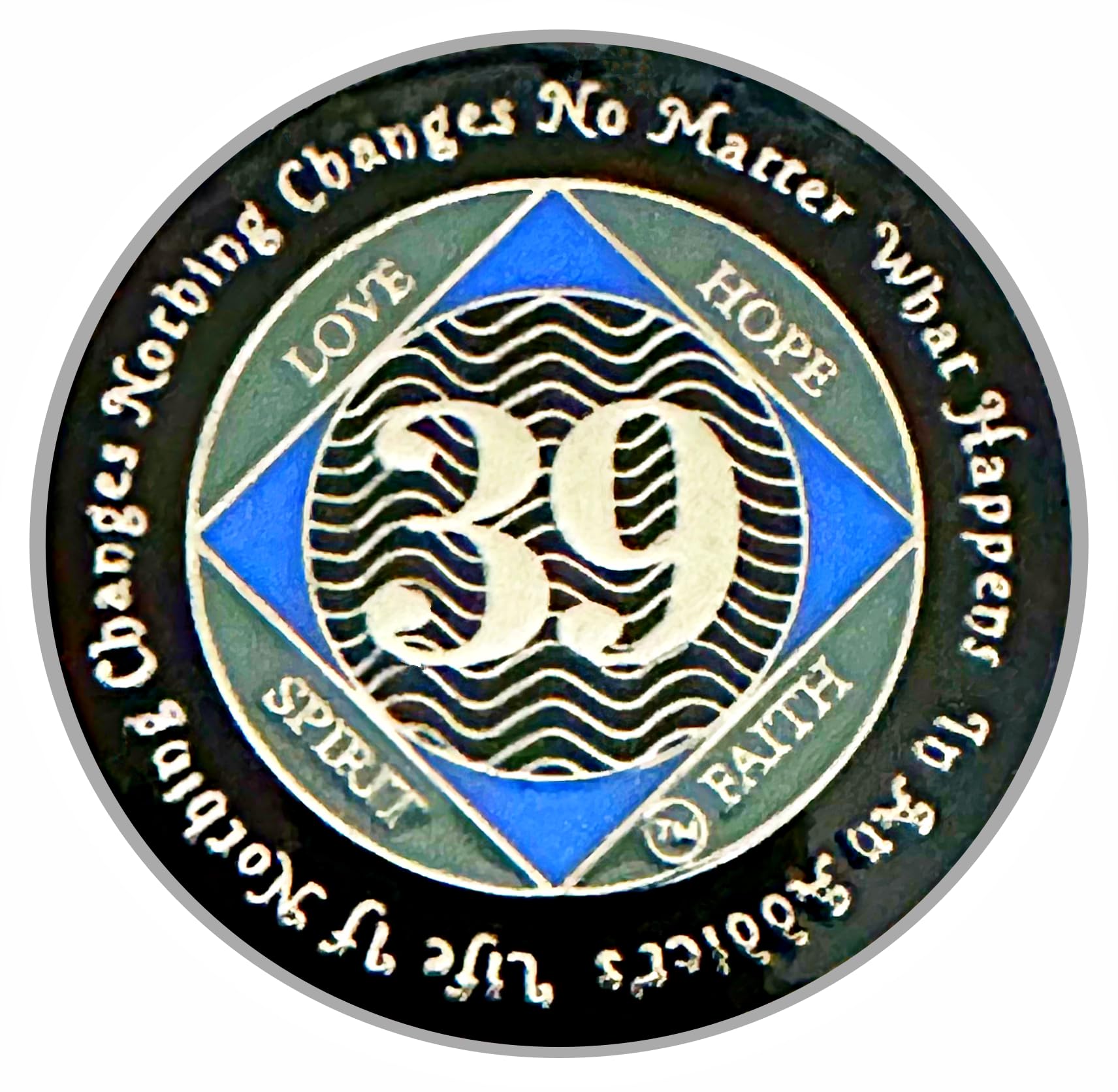 (Years 1-55) NA 39 Year Medallion, Silver, Blue Color Plated, Epoxy Covered Narcotics Anonymous Coin (NA 39 Year Medallion)