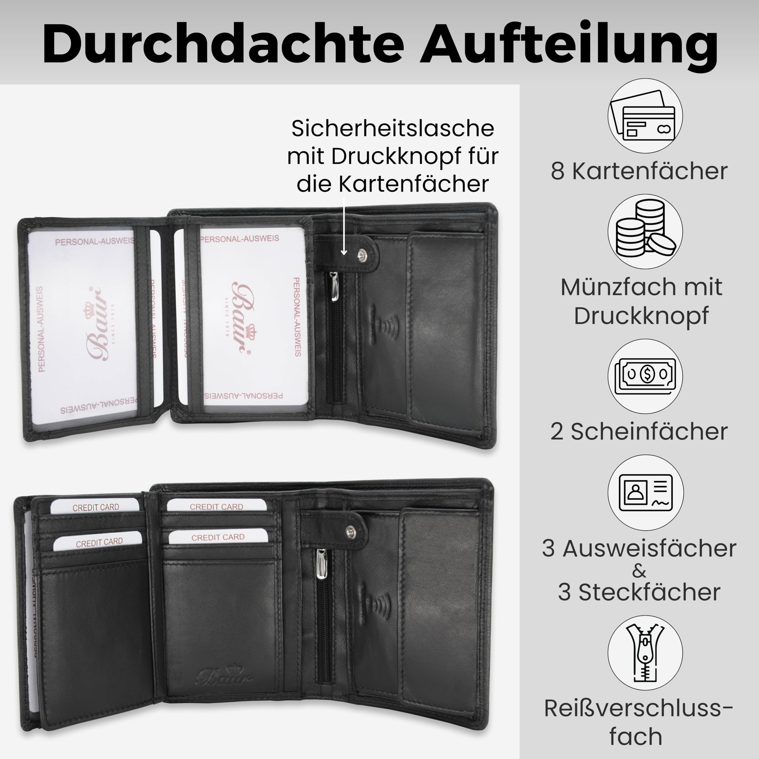 Baur Herren Geldbörse – Echtes Leder mit RFID-Schutz – Großes Portemonnaie im Hochformat aus Nappa-Leder mit 8 Kartenfächern – Großes Münzfach (Hochformat mit Druckknopf innen, Schwarz)