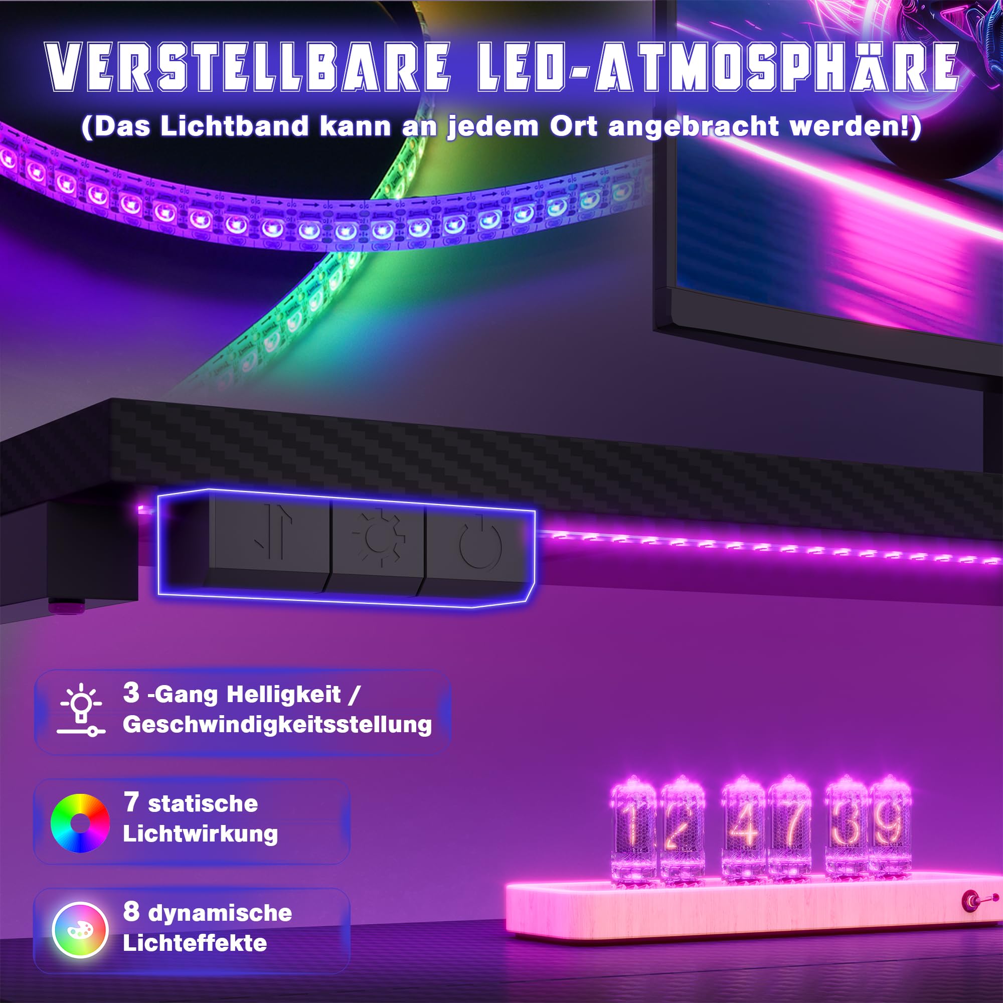 JUMMICO 140×60cm Gaming Tisch mit Steckdose & Lichtleiste, umkehrbarer computertisch mit Monitorständer, schubladen & Ablagefach, Kopfhörerhaken, Gaming Schreibtisch Carbon Fiber Schwarz