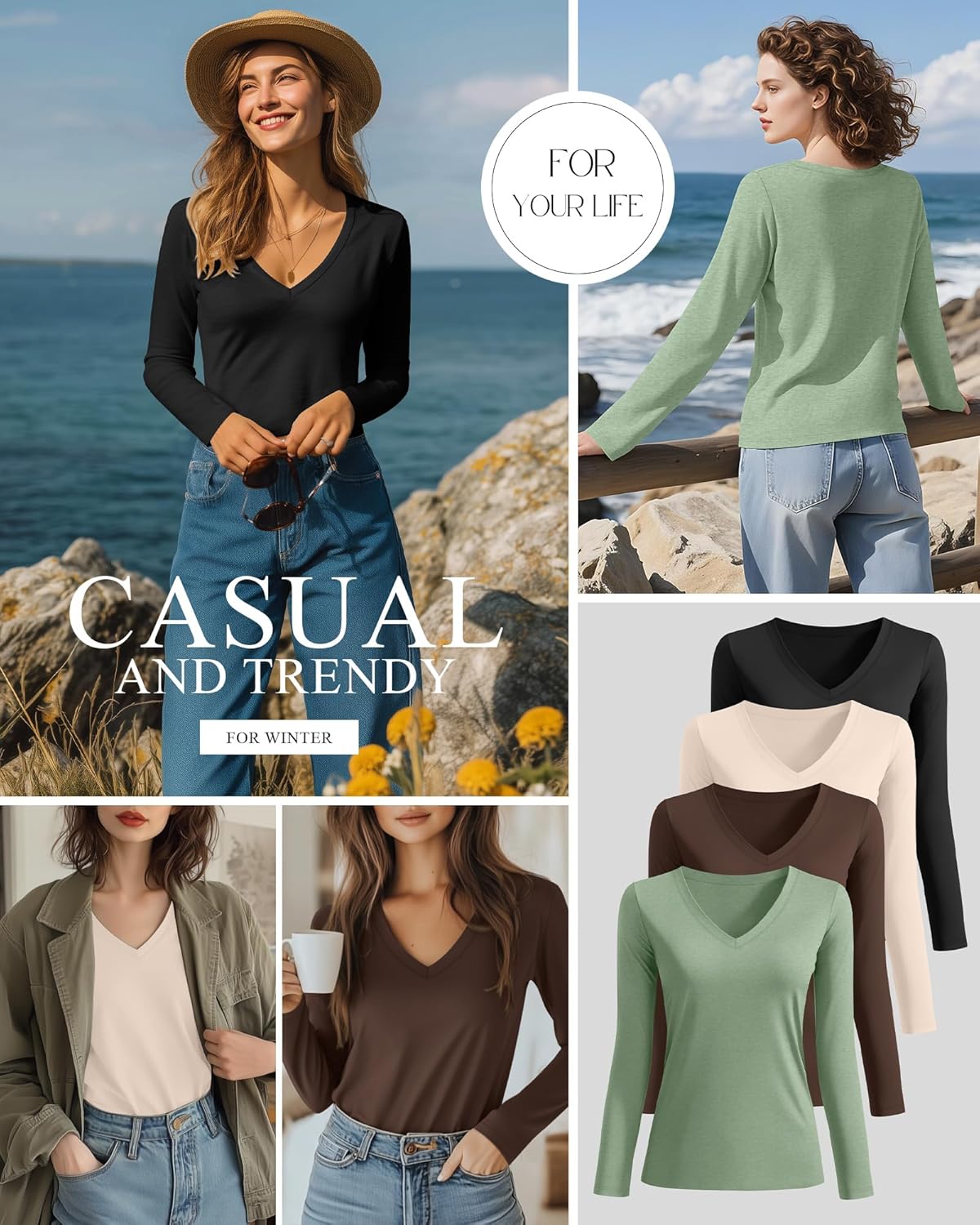 Neer 4 Pack Women's T-Shirts V Neck Long Sleeve Casual Tops Loose Fit Basic Layering Shirts Straight Hem Plain Soft Tees - Image 3