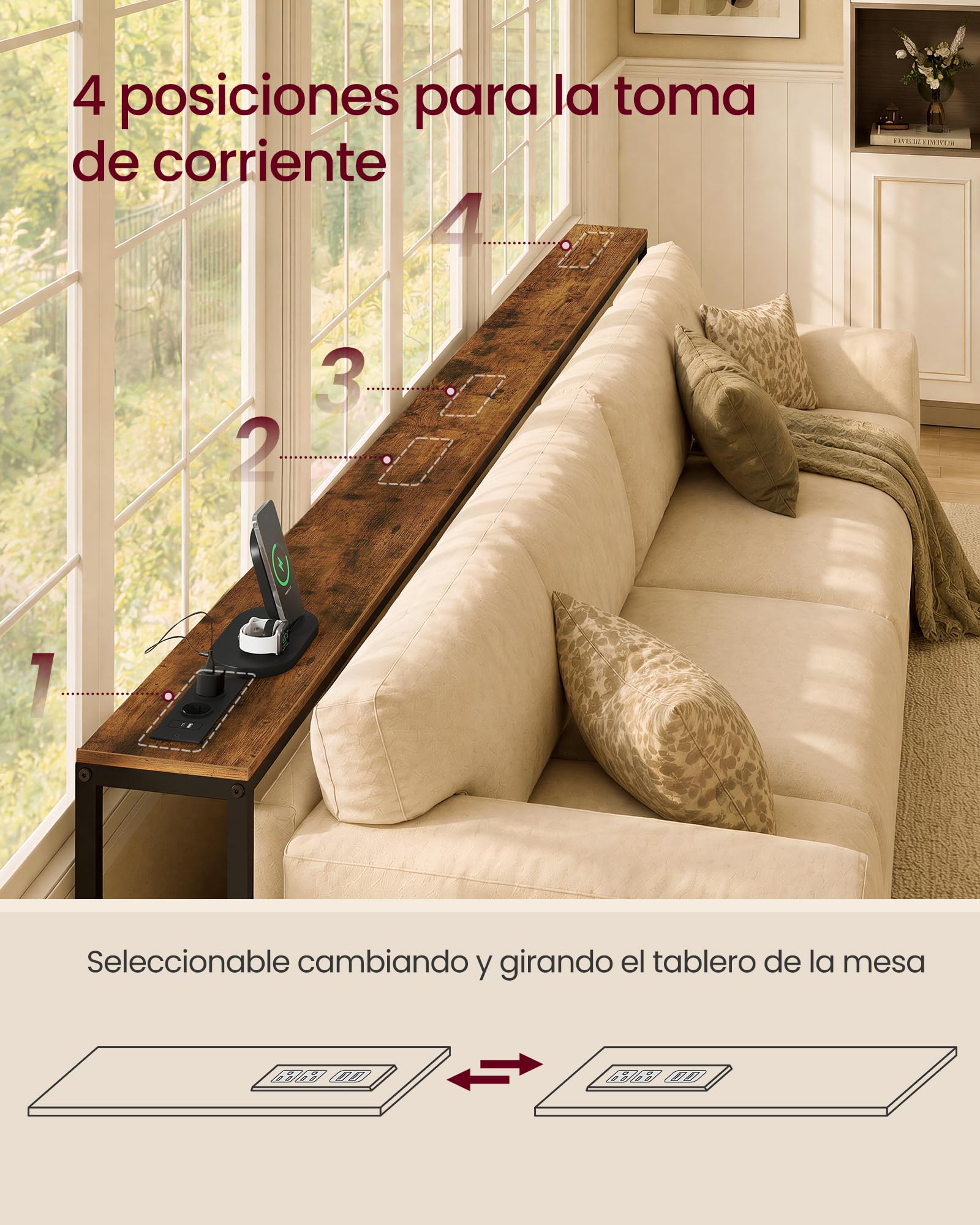 VASAGLE Mesa Consola Estrecha con Enchufes, Altura Ajustable | Mesa Detrás del Sofá, 200 x 15 x (64-89,4) cm, para Salón, Pasillo, Marrón Rústico y Negro Mate, Colección BARNET LNT187K102