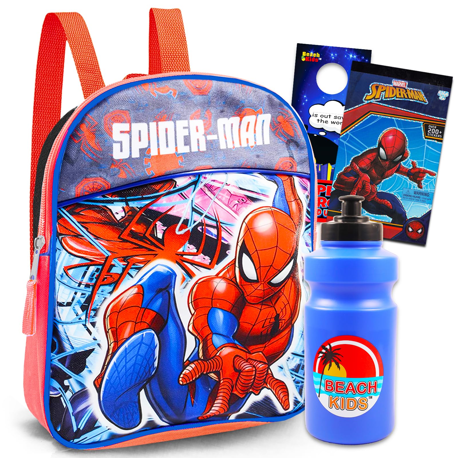 Marvel Spiderman Mini Backpack - 4 Pc Bundle with 11" Spidey School Bag, Water Bottle, Stickers, and More | Spiderverse Preschool Supplies for Kids