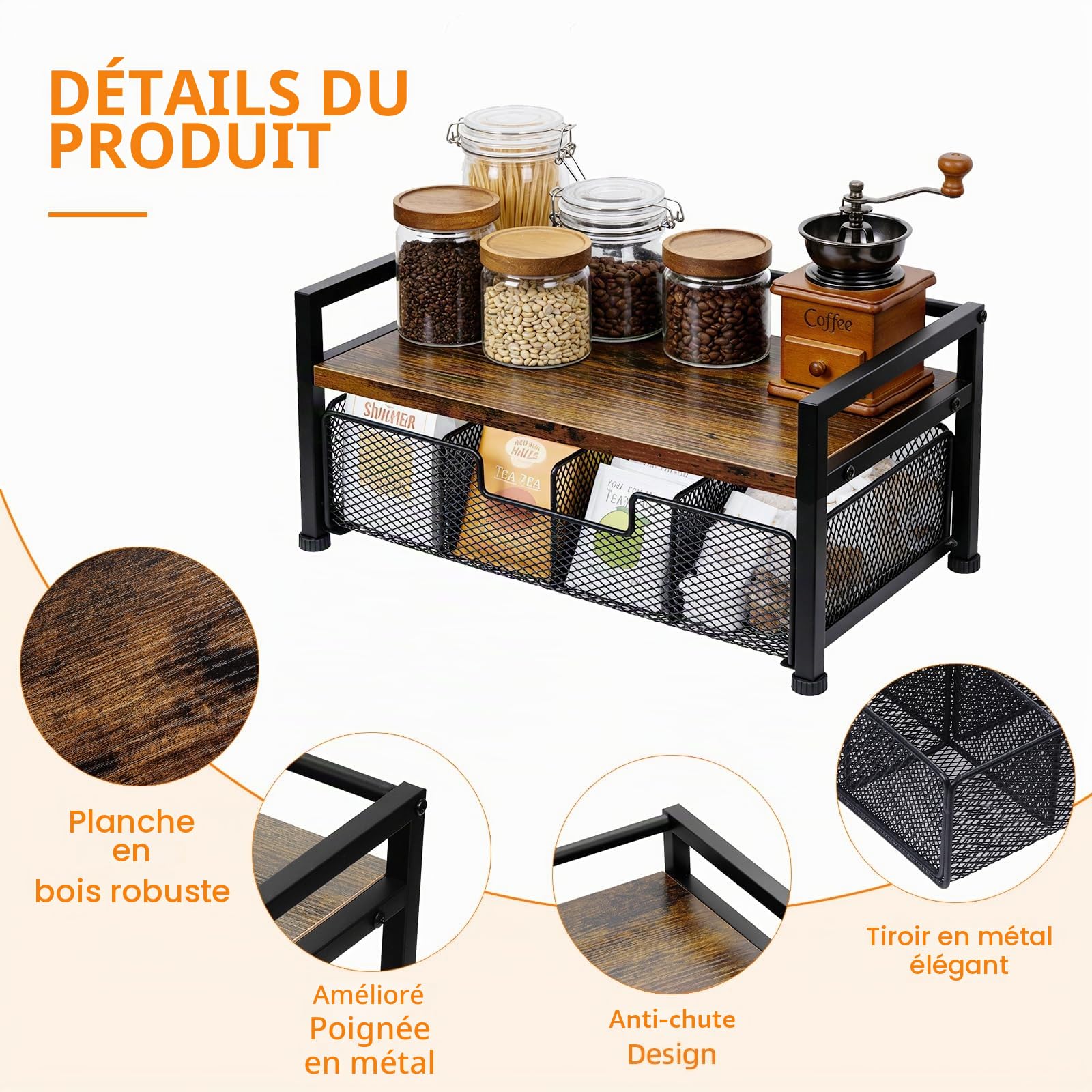 Organisateur de sachets de thé en bois, porte-sachets de thé avec tiroir, boîte de rangement à 8 compartiments, organisateur de boîtes à thé pour plan de travail de cuisine, bois et métal