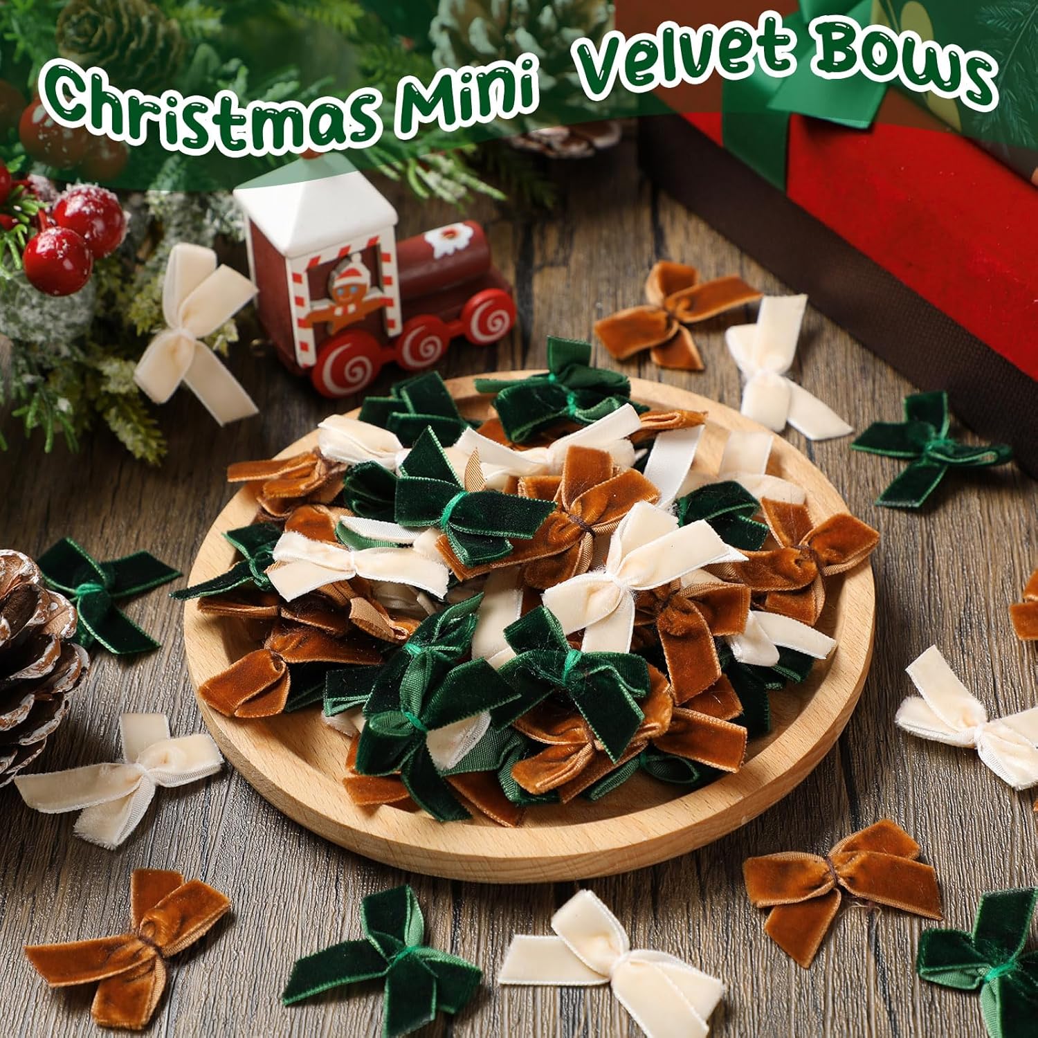 Waydress 120 Pcs Tiny Mini Christmas Velvet Bows for Crafts Xmas Twist Tie Bows Ribbon Bowknot Christmas DIY Craft Sewing Scrapbooking Gift Wrapping(Green,Cream,Khaki,1 Inch) - Image 3